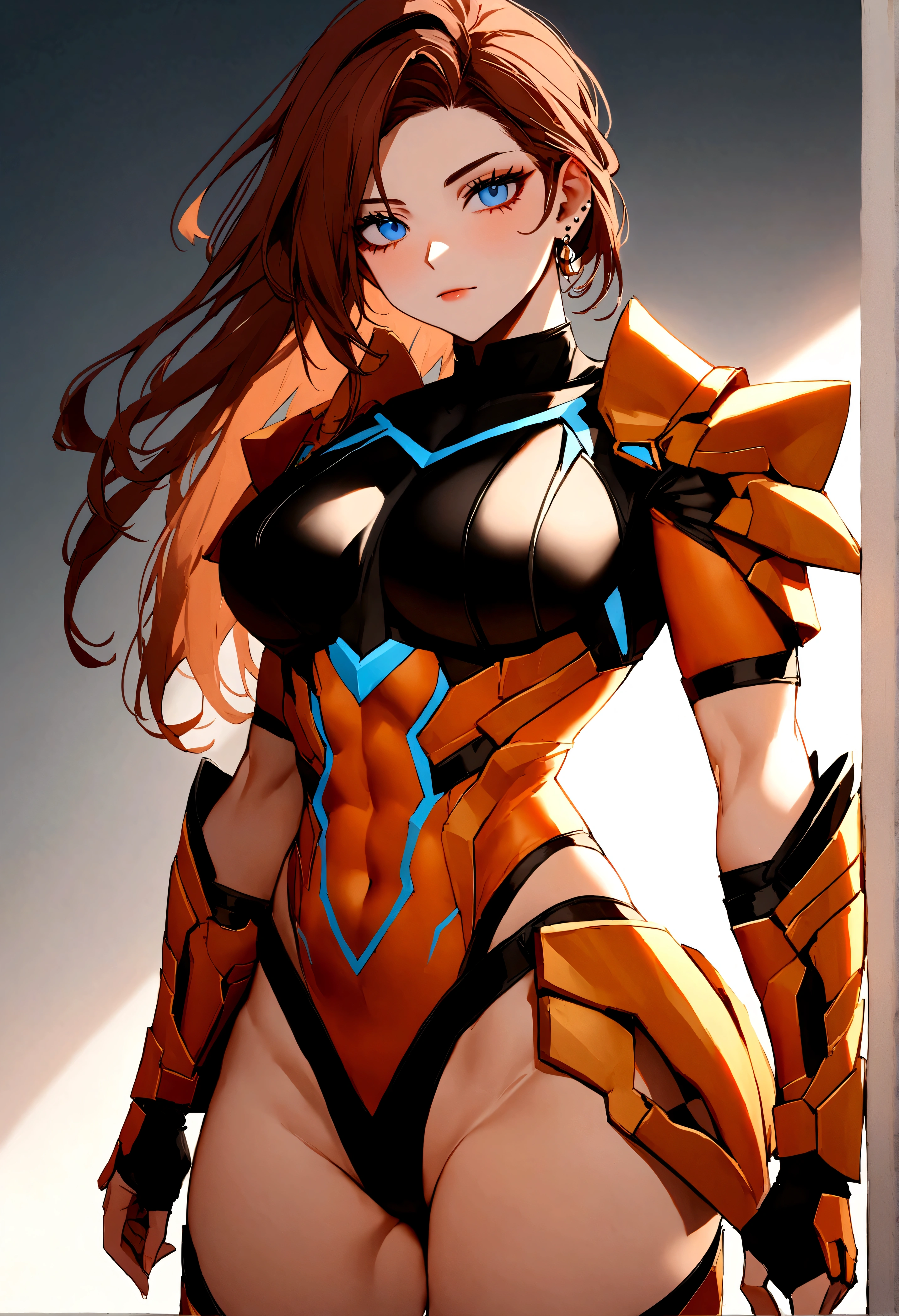 A mesmerizing photograph of a captivating female superhero, oozing confidence and strength. The 23-year-old heroine boasts shoulder-length auburn hair and piercing blue eyes that exude determination and resilience. Her powerful stance showcases her headstrong personality, ready to face any challenge head-on. Clad in a striking brown and orange armored leotard that highlights her earth manipulation abilities and athletic build, she dons reinforced boots and black briefs, emphasizing her toned and athletic physique., photoLess
