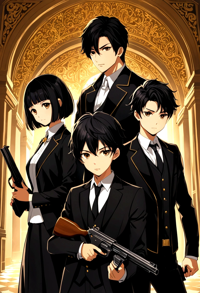 Group of two boys and two girls and on one side a black-haired boy with a gun in his hand