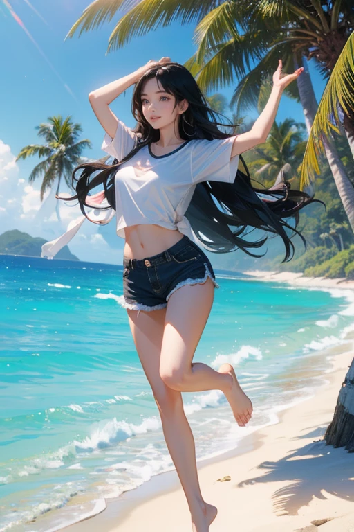 (Highest quality、masterpiece、High resolution、8K)、Vibrant colors、1 Female、Young and beautiful woman、Long black hair、barefoot、A woman in a white T-shirt and shorts jumps high、Surprised Smile、Official Art、The background is the sea、blue sky、Wide sandy beach、Wide forest、