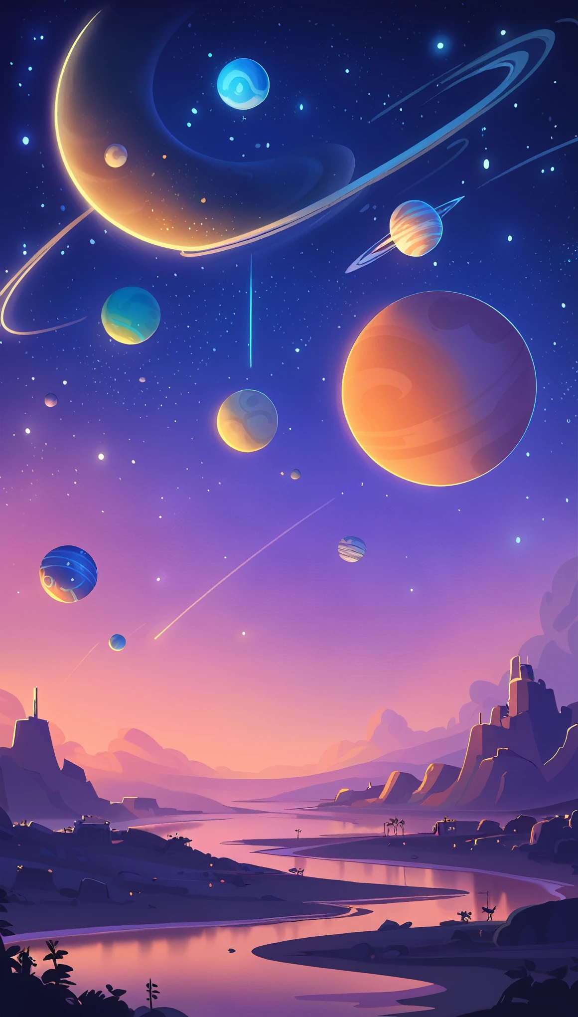 Dreamworks art style, planets in the distant sky, evening background