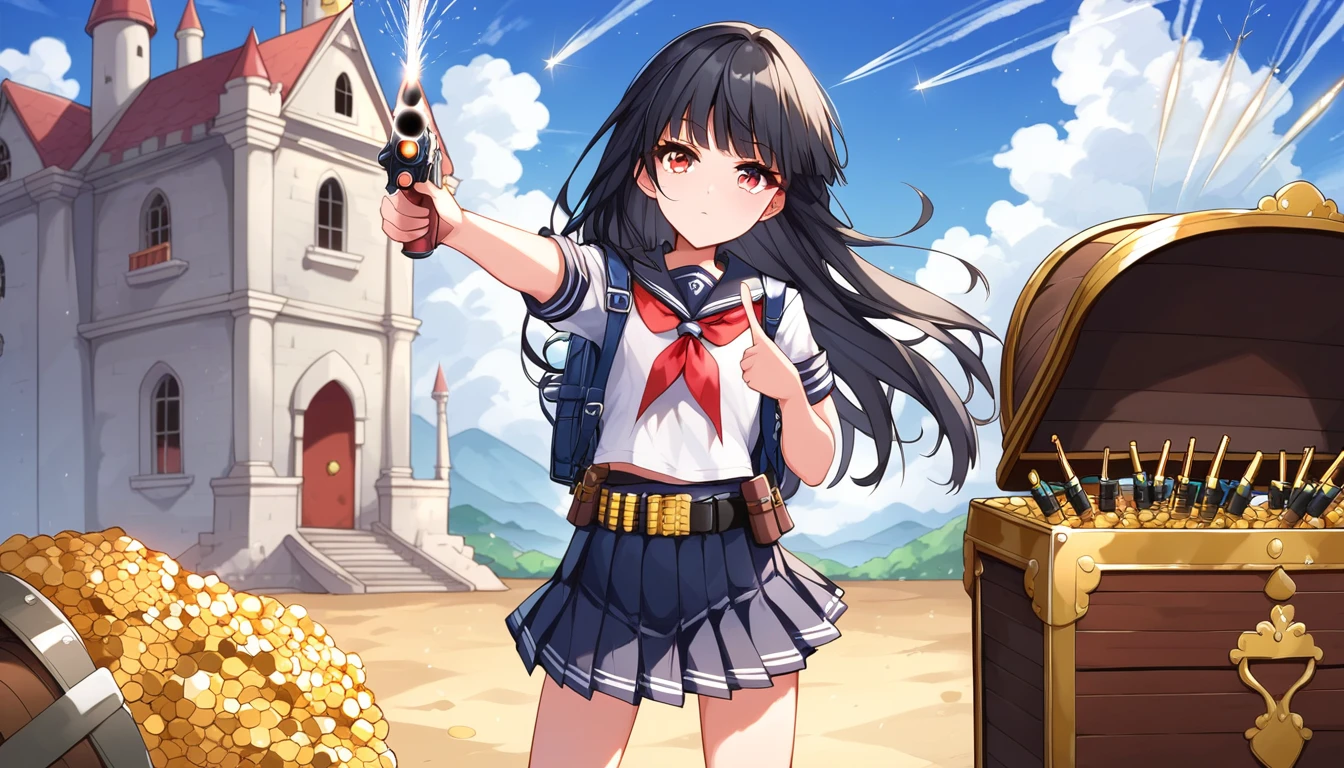 ((1girls:1.3)), ((solo:1.3)), ((school uniform:1.3)), ((castle:1.3)), ((ammo belt:1.3)), ((dual pistols:1.3)), ((pointing gun:1.3)), ((gunshot:1.3)), ((expressionless:1.3)), ((backpack:1.3)), ((moe style:1.3)), ((standing:1.3)), ((red eyes:1.3)), ((treasure chest:1.3)), ((small girl:1.3)), ((flat chest:1.3)), ((black hair:1.3)), ((perfect face)), ((extremely cute:1.3)), ((masterpiece:1.3)), ((8k)), ((best quality:1.3)), ((beautiful)), ((extremely detailed:1.3)) , ((absurdres)), AddXL, ((score_9:1.3)), ((score_8_up:1.3)), ((score_7_up:1.3)), Expressiveh