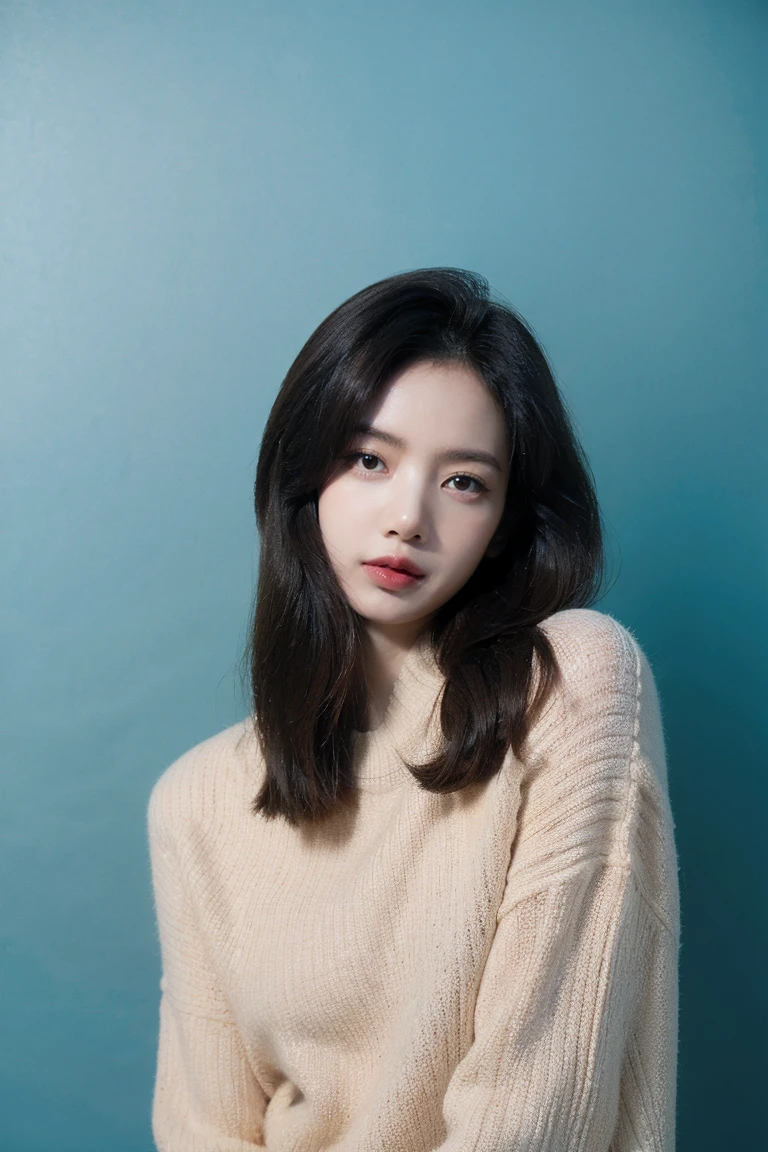 a close up of a adult woman(around 25-40 years of age) with long hair and a sweater, popular korean makeup, inspired by Wang Wu, clean clear face, white color, blank, cover shot, may, good young girl, wet make - up, looking her shoulder,                                                                                                                                                                        fair-skinned Korean adult woman with a smooth. a close up of a woman with long hair and a sweater, popular korean makeup, inspired by Wang Wu, clean clear face, white color, blank, cover shot, may, good young girl, wet make - up, looking her shoulder. She has large, round deep brown or soft hazel eyes with a gentle shape, framed by long, delicate lashes and softly arched, naturally shaped thin eyebrows. Her small, delicate nose has a subtle upward curve at the tip, and her lips are soft pink with a slight cupid’s bow, often slightly parted with a hint of gloss. She has medium to long, straight black hair with a natural shine, typically worn with a straight fringe. Her expression is a soft, gentle smile that radiates warmth and innocence, with a hint of playful charm. Kee it more realistic and more human like.