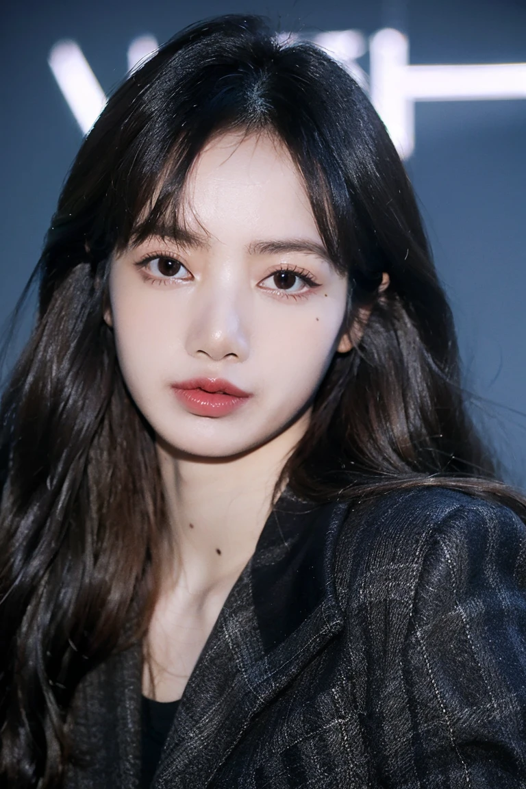 21yo girl, black hair, blue background,