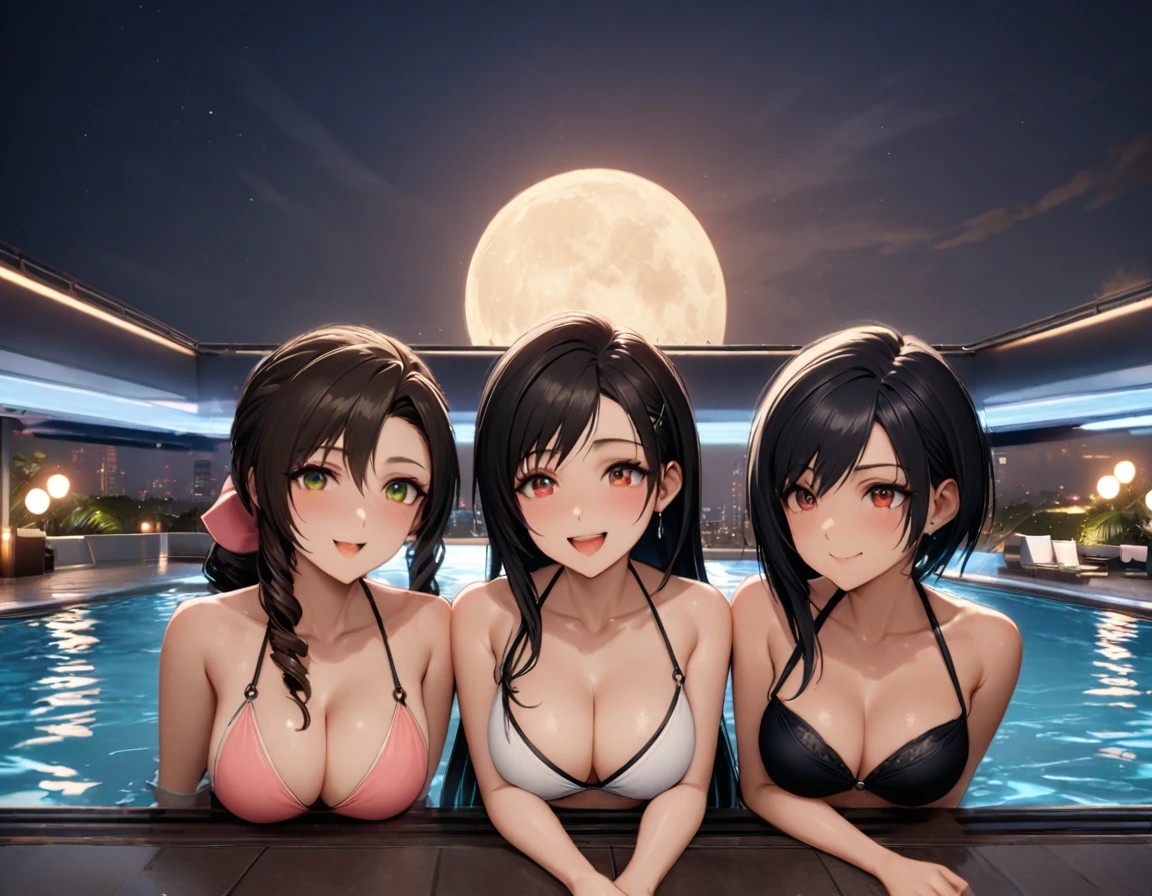 Highest quality, Super quality, 16K, Incredibly absurd, Very detailed, delicate and dynamic, SFW, Natural light, Small particles reflect light, Diffuse reflection of light, Vortex of Light, Lots of starlight, fire works, roof top pool of Marina Bay Sands Singapore, night, moon, 水面にmoonが映る, night景, Create amazing image effects, pool side bar, pool party, Sumptuous cuisine, Upper body close-up, (, cute ???? three girls, Aerith Gainsborough, Yuffie Kisaragi, and Tifa Lockhart, big busts, Sensual expression, peacefulness, Elegant, Charm, lure, Pool party with my girlfriend, , pool side bar, cactail, シンガポールのnight景, black long hair, Chic swimwear, cheers , )