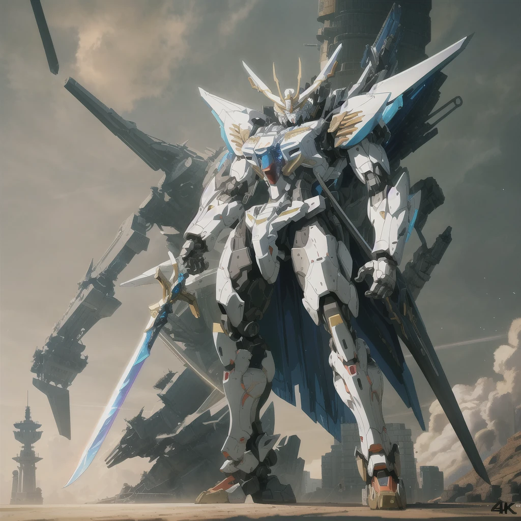 arafed robot standing in front of a huge structure with a sword, alexandre ferra white mecha, modern mecha anime, cool mecha style, an anime large mecha robot, gold mecha, 4k highly detailed digital art, mecha art, concept art wallpaper 4k, anime mecha aesthetic, mecha anime, high quality digital concept art