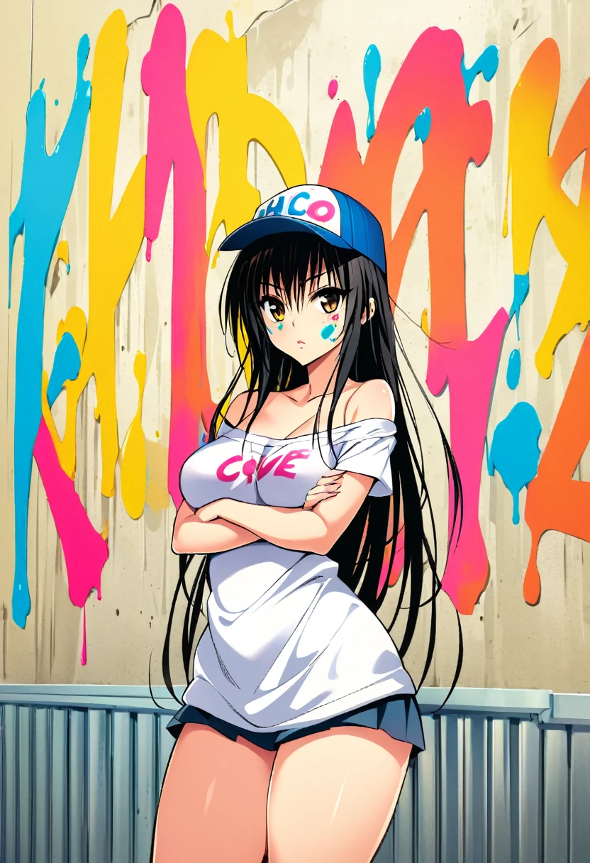 Create a vibrant Banksy-inspired graffiti art piece in a school hallway, featuring a rebellious teenage girl,kotegawa yui,to love-ru,with long black hair, brown eyes, Standing with arms crossed and large thighs,and an athletic build,werehouse, wearing a cap and off-shoulder shirt, seamlessly blending into her colorful spray-painted surroundings as she creates bold, expressive lettering and abstract designs, with paint splatters on her face and clothes, surrounded by scattered spray cans and contrasting against the structured indoor setting.