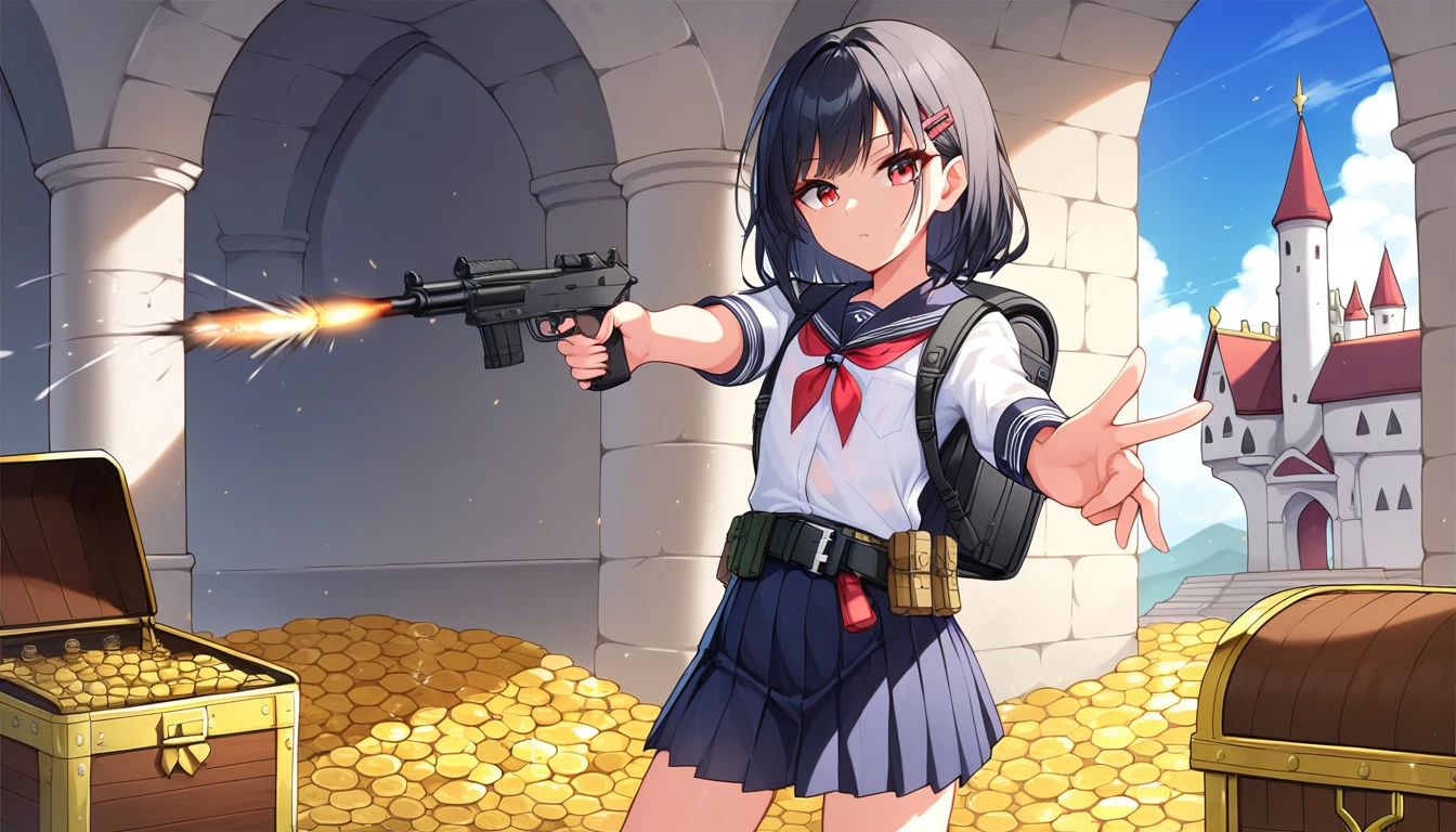 ((1girls:1.3)), ((solo:1.3)), ((school uniform:1.3)), ((castle:1.3)), ((ammo belt:1.3)), ((assault rifle:1.3)), ((pointing gun:1.3)), ((gunshot:1.3)), ((expressionless:1.3)), ((backpack:1.3)), ((moe style:1.3)), ((standing:1.3)), ((red eyes:1.3)), ((treasure chest:1.3)), ((small girl:1.3)), ((flat chest:1.3)), ((black hair:1.3)), ((perfect face)), ((extremely cute:1.3)), ((masterpiece:1.3)), ((8k)), ((best quality:1.3)), ((beautiful)), ((extremely detailed:1.3)) , ((absurdres)), AddXL, ((score_9:1.3)), ((score_8_up:1.3)), ((score_7_up:1.3)), Expressiveh 