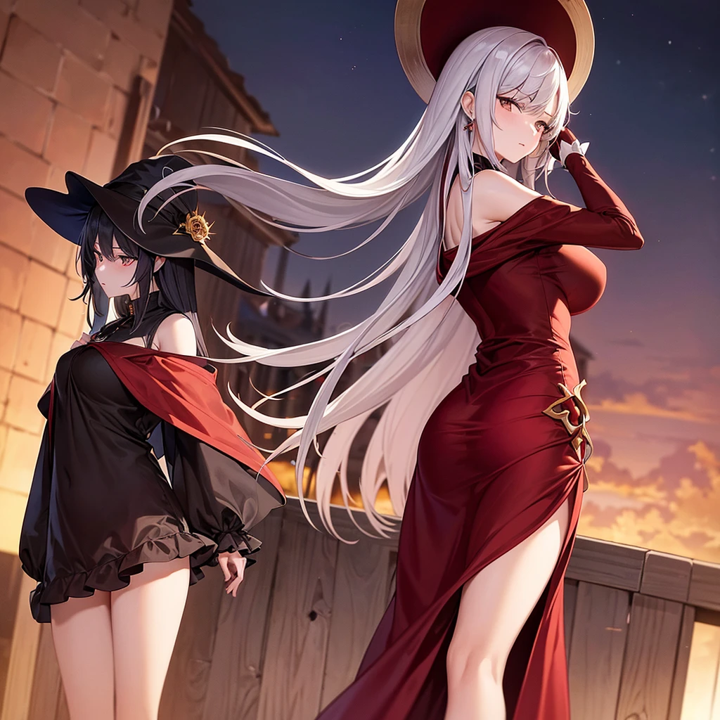 This is the rooftop of a building in Tokyo.、You can see the night view of Tokyo and the lights of Tokyo's port in the background.、I can see a meteor shower、Two adult women A and B leaning on a fence、A is a woman with white hair wearing a large black witch hat with sapphire accessories、B is a woman with dark brown hair wearing a large black witch hat with garnet accessories、witch's hat、blue eyes、Two-dimensional illustration、Japan Anime、drawn by Japanese ilastrator、high-level image quality、4K picture quality、High Quality、hight resolution、5 million pixels、high détails、beatiful backgrounds
