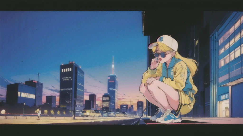 (80's, Retro, City Pop:1.5), (Album cover), (masterpiece, Highest quality, Exquisite detail), Best Photo Poses, Crouching on the city street, Dynamic Angle,girl, alone, cool, Delicate face, Wearing sunglasses, Blonde Hair, Cityscape, City of night, Casual street wear, Street side, Wearing a cap, Trendy clothing, clock, sneakers, Hands hanging down,