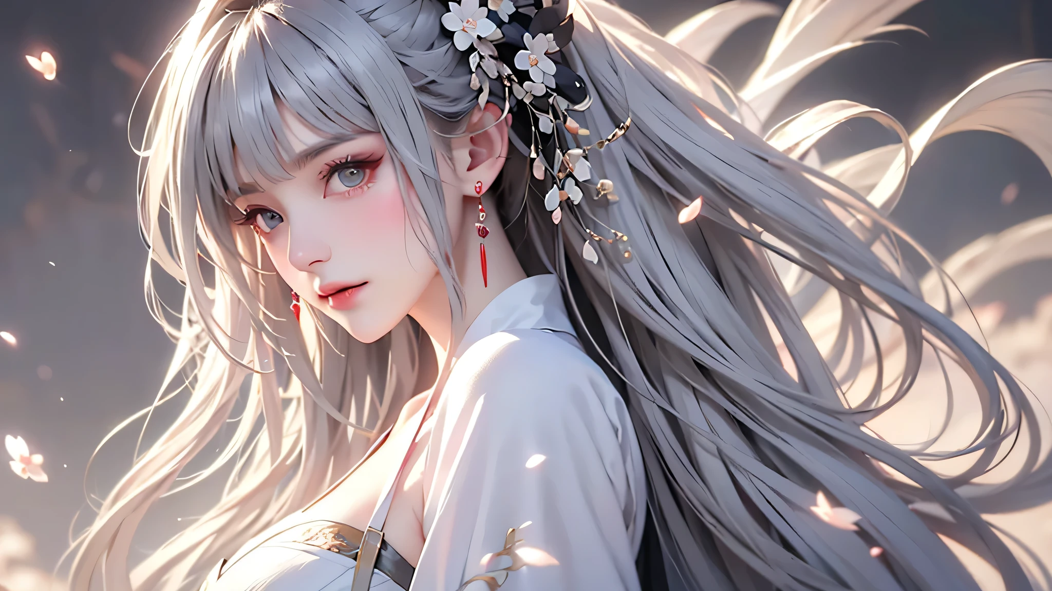 super high quality, masterpiece, Perfect illustration, Very detailed (Exquisite light and shadow, Very dramatic photo,Backlight) , ((Gray Hair:1.5))1 Girl,(( alone:1.6)), (Wearing Han clothes, Black and white Hanfu,Monotony,Long sleeve) Flower Field, Flowers, (White smoke:1.3) (Realistic:1.4), Zen Intertwining, Tangled, Official Art, unity 8k wallpaper, Very detailed, Beautiful and beautiful, masterpiece, Highest quality, (Dynamic Angle: 1.4), Glowing Skin, (Floating colorful flashes: 1) The most beautiful chaotic shapes, elegant, Brutalist Design, Bright colors, Romantic Depth of Field Exotic_dance, half_naked、（Expose your shoulders、Ample breasts、Beautiful cleavage）
