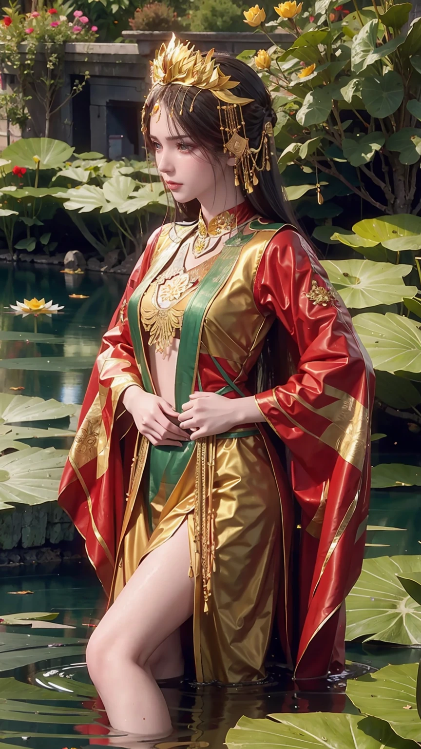 a beautiful young woman bathing in a pond, water gently lapping at her shoulders, wearing a sheer silk dress, hands covering her chest, golden glowing lotus flowers floating on the water's surface