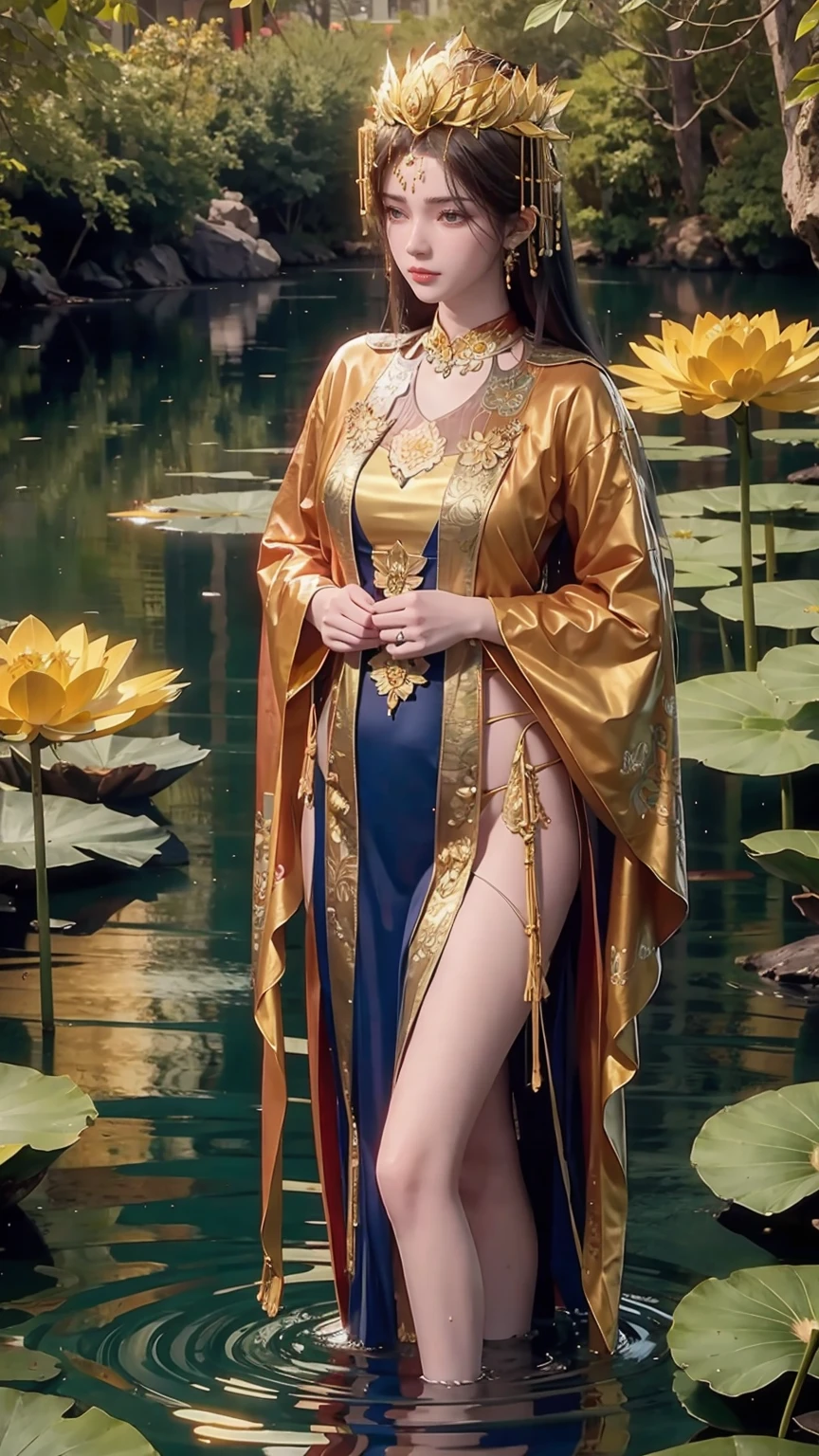 a beautiful young woman bathing in a pond, water gently lapping at her shoulders, wearing a sheer silk dress, hands covering her chest, golden glowing lotus flowers floating on the water's surface