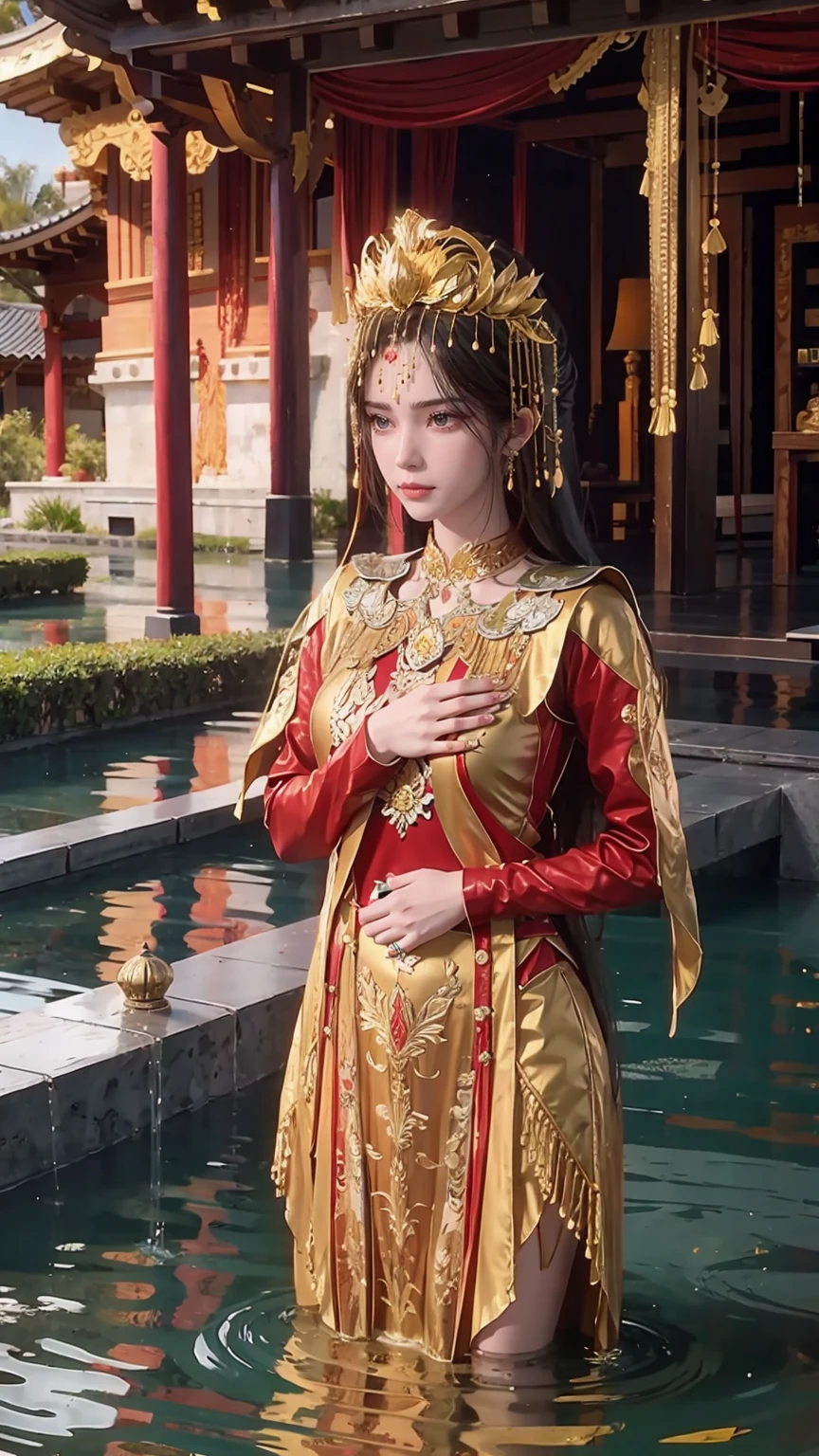 A girl bathing in water,Showering above the shoulders while bathing in water,Wearing a tulle silk dress,Hold your hands to your chest,Cover your chest with your hands,Golden glowing lotus on the water,Only the shoulders are exposed in the water