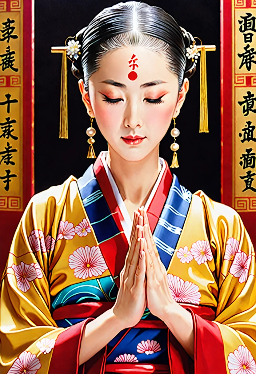 Japan fortune teller、Realistic、woman、flashy、No hair accessories、30th Generation、A little close-up、No text、Praying