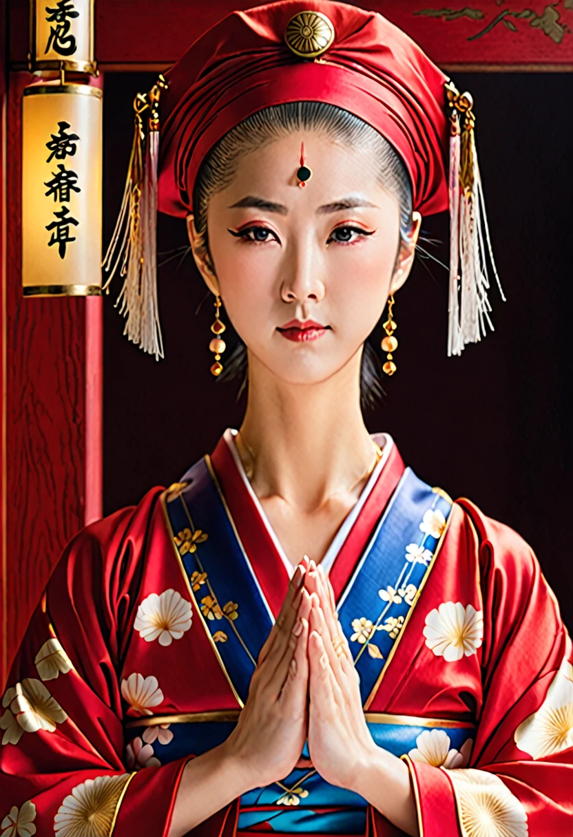 Japan fortune teller、Realistic、woman、flashy、No hair accessories、30th Generation、A little close-up、No text、Praying