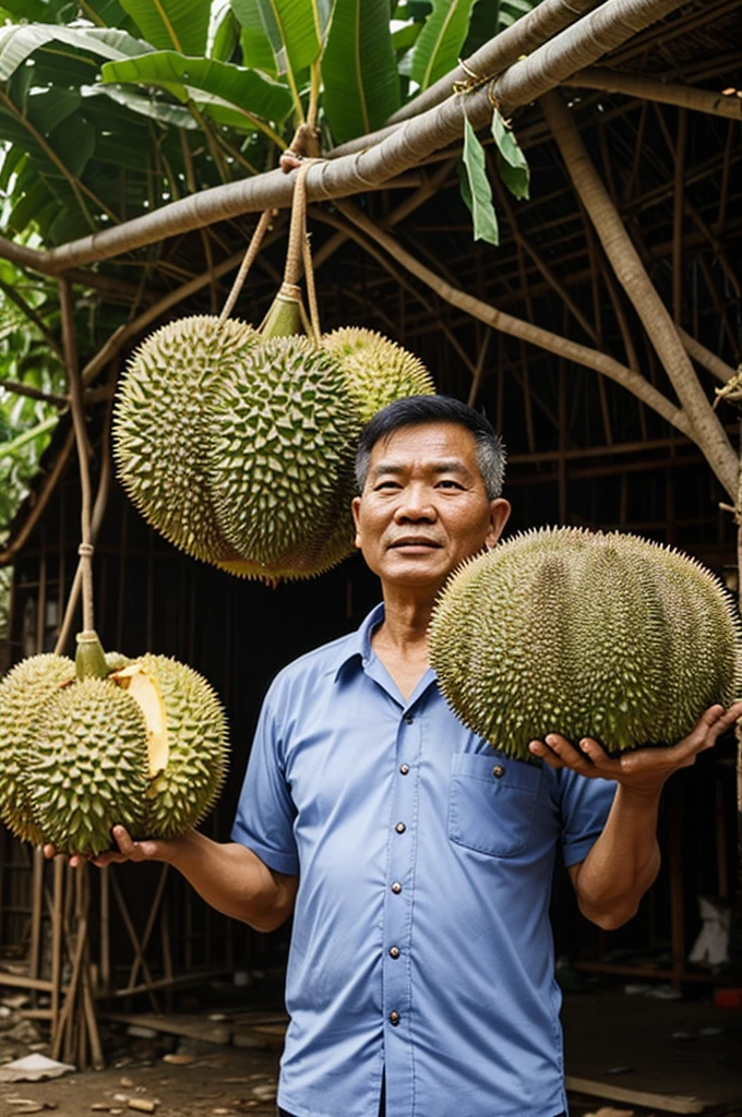 A 50-year-old Thai man stands holding a very big durian fruit with his hand