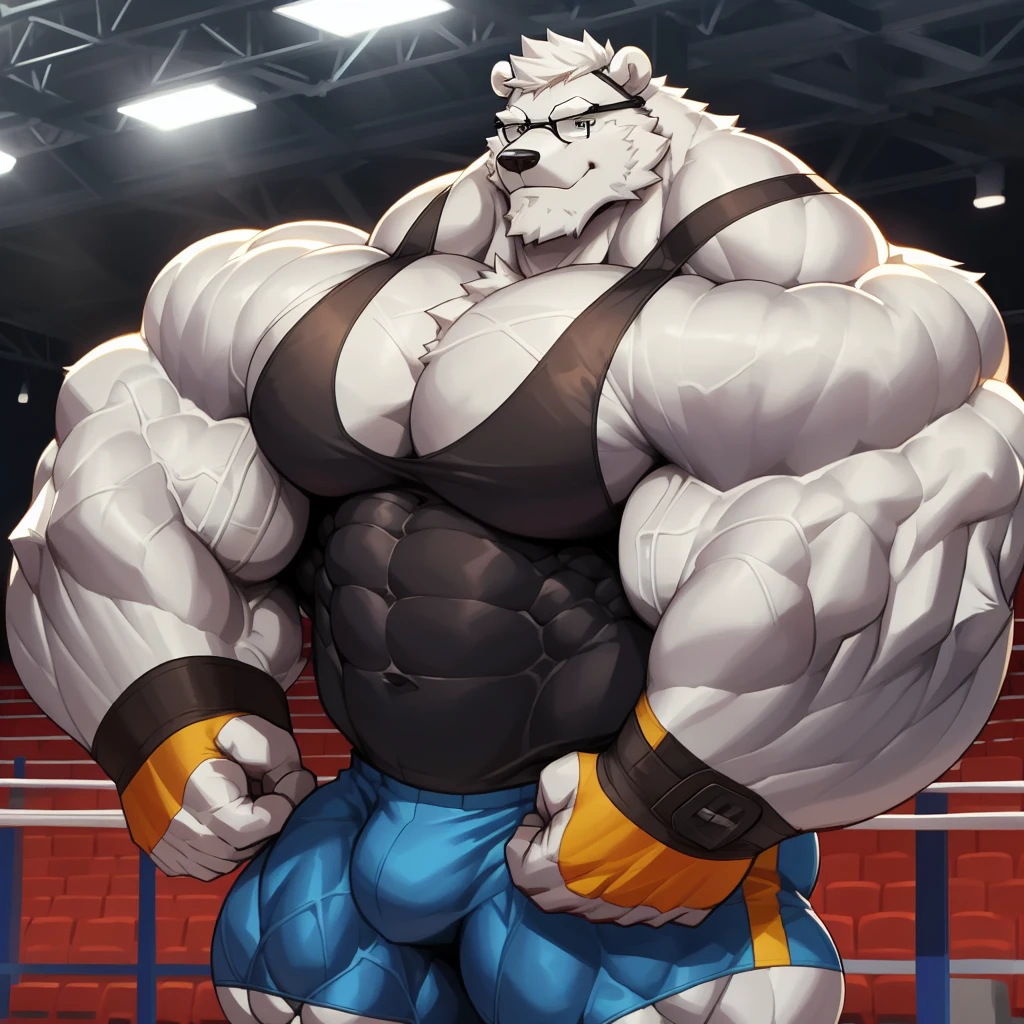 solo, 1boy, Huge Muscular White Polar Bear wearing glasses, huge white fur, pectoral, huge pectoral, wide pectoral, short white hair, blue colored short pants, blue colored wristbands and blue colored tank top, white bearded, white Mustache, white fur, ((really big muscle, massive muscular, sixpack, thick arms, wide pectoral, super huge muscle, hyper muscular, over sized muscle, huge arms, big arms, huge pectoral)), gymnasium background, masterpiece, high detailed, 8k, high resolution, at the gymnasium, flexes over sized muscles, looking at the viewer, acting all sexy