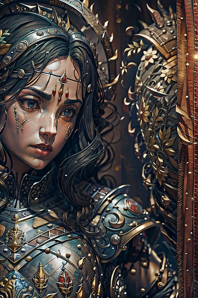 50-year-old woman in the 17 century Female battle scared warrior leader of the order of the scarlet rose, guilty conscious expression, determined facial expression. Black hair. Female.