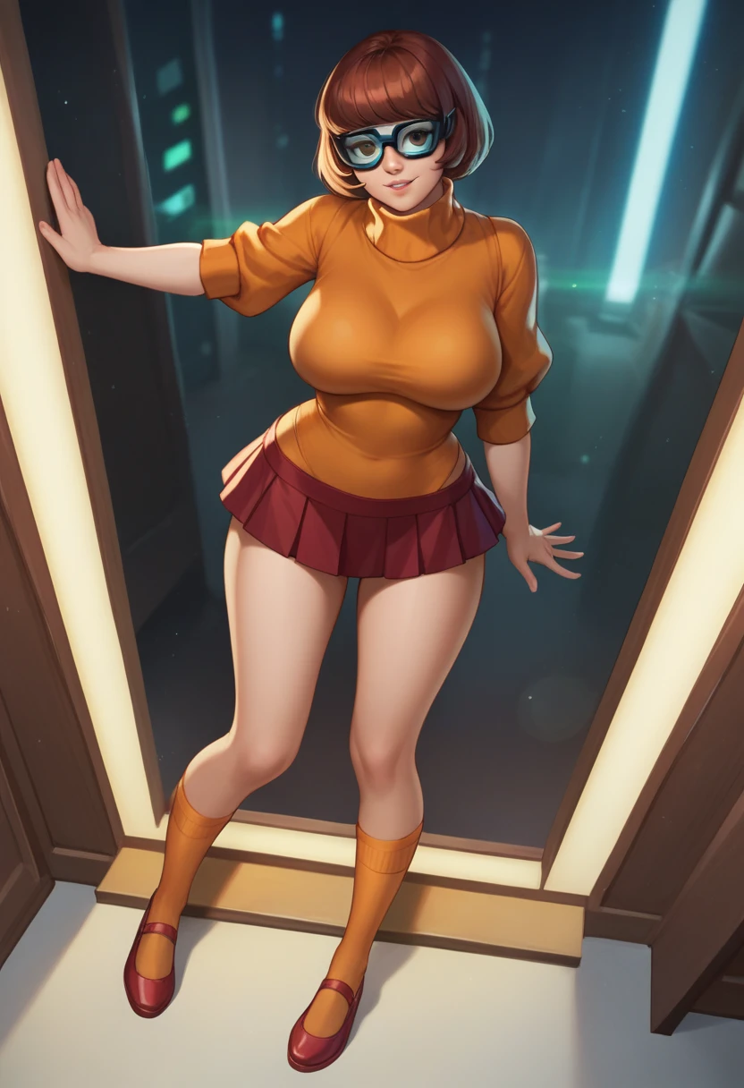 masterpiece,best quality, highly detailed, score_9, score_8_up, score_7_up, score_6_up,source anime,BREAK
 velma,1girl, glasses, solo, breasts, brown hair, turtleneck, sweater, brown eyes, short hair, freckles, ((large breasts)), lips, smile, long hair, turtleneck sweater, orange sweater, looking at viewer, bangs, parted lips, ((glowing cyberpunk goggles)), full body