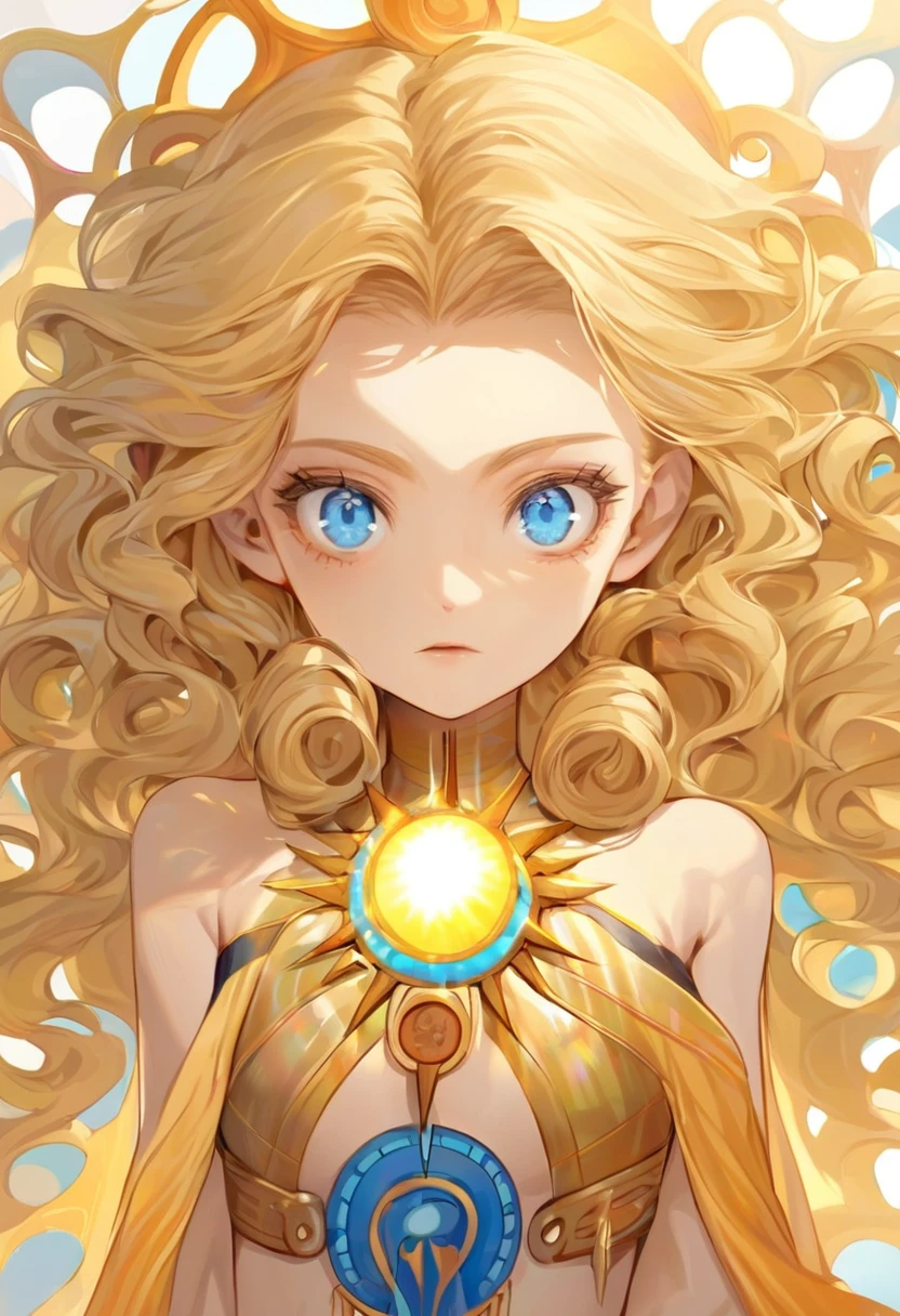 Woman with blonde curly hair, blue-eyed, wearing a harness of the Sun God