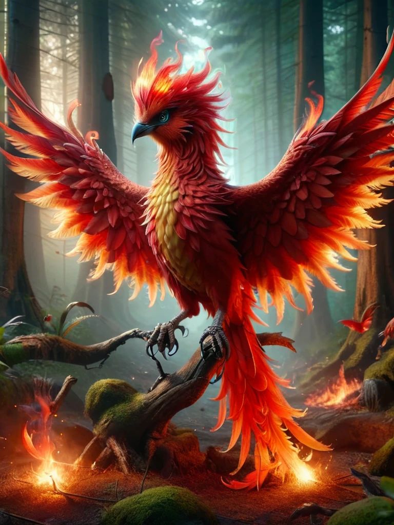 ral-mythcr, Fire Bird, mythical creature, a photorealistic image of a Firebird, a mythical creature, in a mystical forest setting, the Firebird is depicted with brilliant, fiery plumage in vibrant red color 