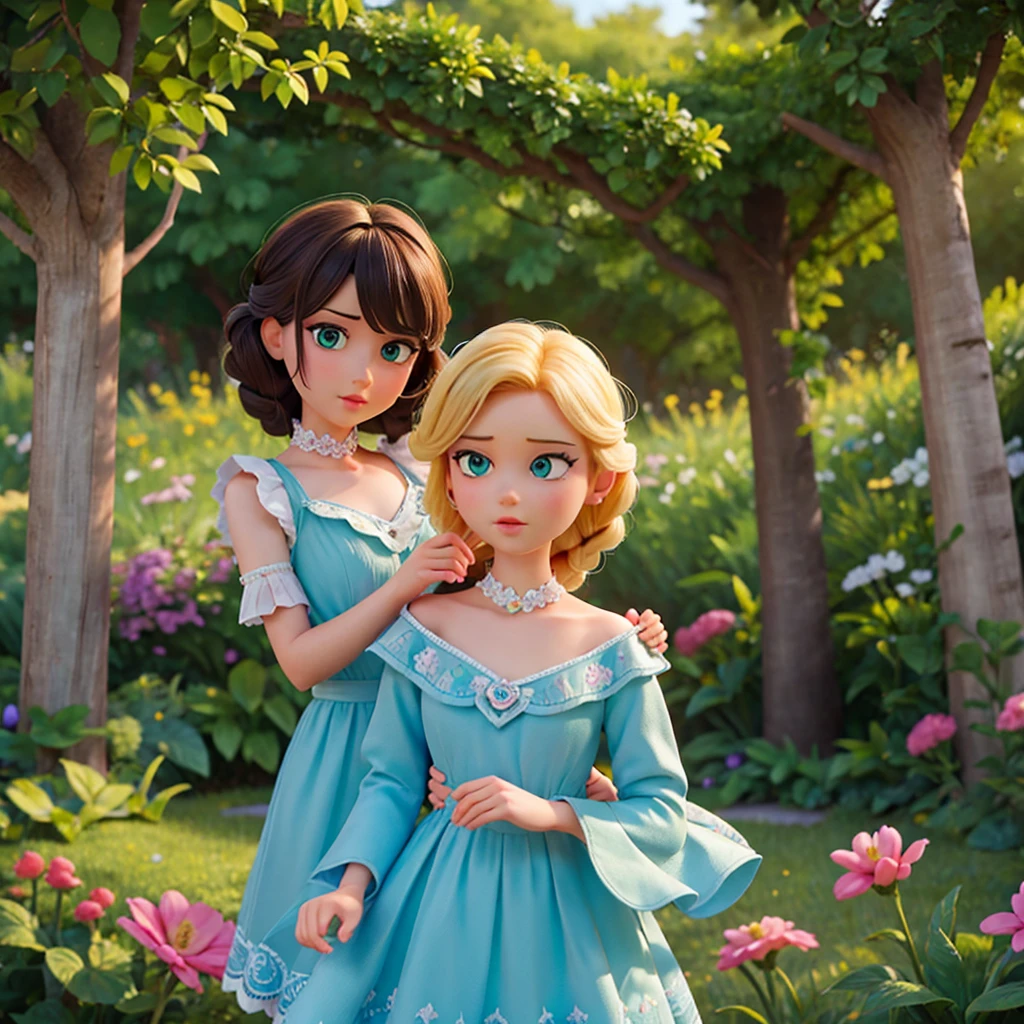 girl and boy in the flower park, 1girl 1boy, beautiful detailed eyes, beautiful detailed lips, extremely detailed face and features, long eyelashes, elegant hairstyles, charming expressions, lovely colorful outfits, playful poses, lush green garden, blooming flowers, sunlight filtering through trees, serene atmosphere, vibrant colors, photorealistic, 8k, best quality, highly detailed, intricate, cinematic lighting, dramatic shadows, vivid colors, magical realism
