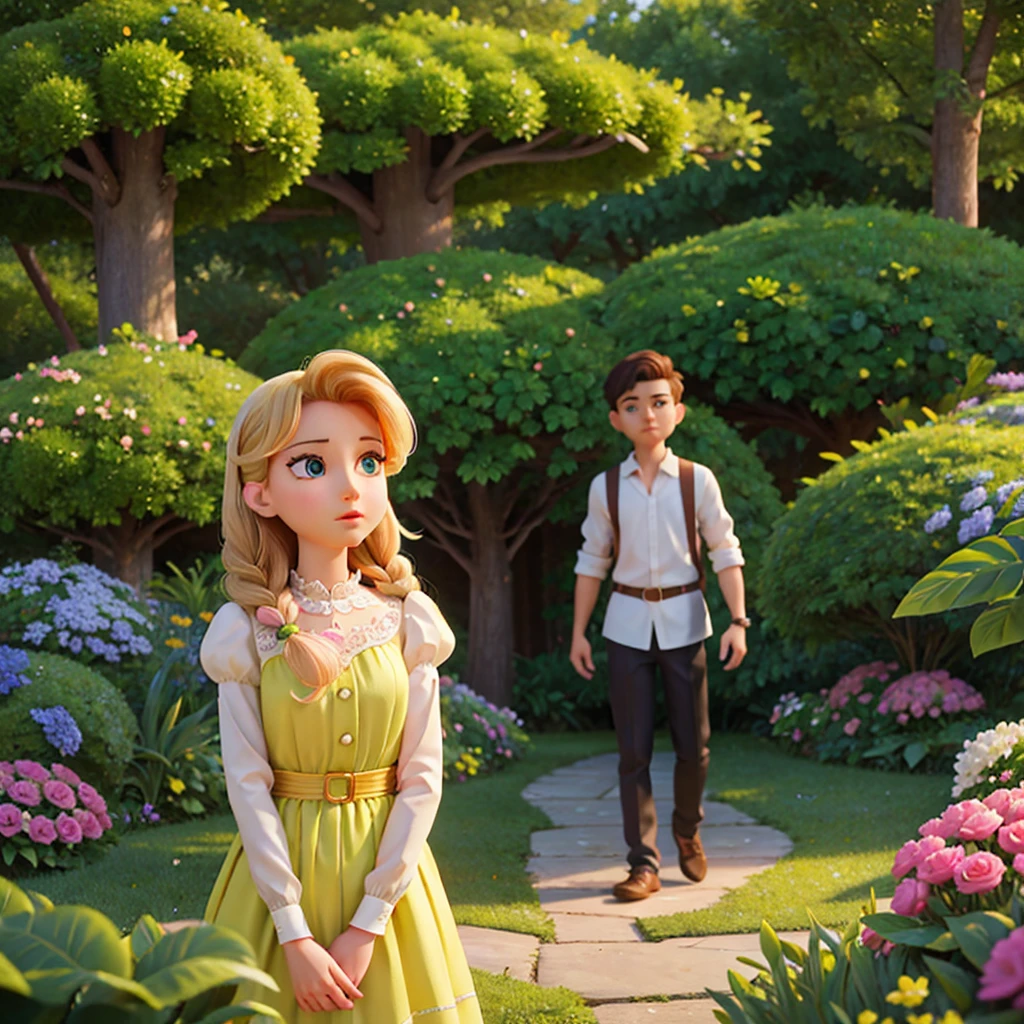 girl and boy in the flower park, 1girl 1boy, beautiful detailed eyes, beautiful detailed lips, extremely detailed face and features, long eyelashes, elegant hairstyles, charming expressions, lovely colorful outfits, playful poses, lush green garden, blooming flowers, sunlight filtering through trees, serene atmosphere, vibrant colors, photorealistic, 8k, best quality, highly detailed, intricate, cinematic lighting, dramatic shadows, vivid colors, magical realism