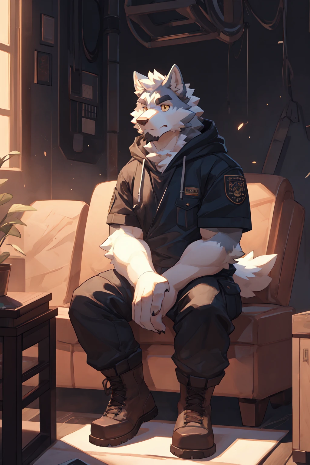 Best quality, Professional, Vivid Colors, full body, wolf, Muscular male, kemono, by bigcozyorca, Solo, grey Fur, white body, golden eyes, pectorals, (detailed face, detailed eyes:1.5), beard, open hoodie, cargo pants, boots, sitting alone, sofa, indoor, head down, frown, dark room, Ray tracing, Tyndall effect,