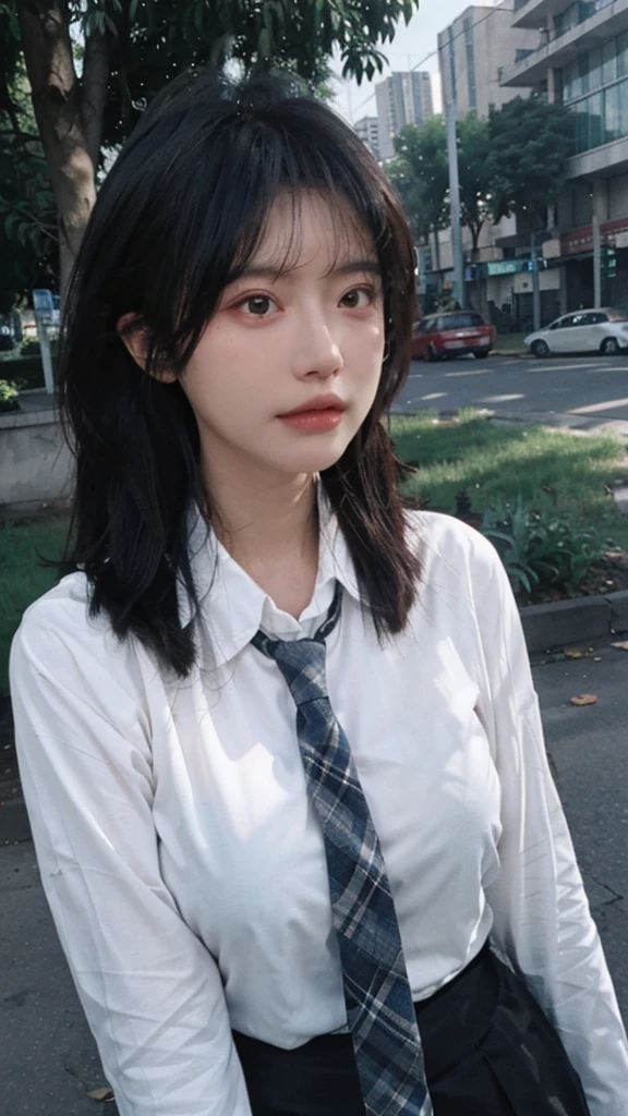 Best quality,masterpiece,Ultra-high resolution,16K,Sunshine Background,(Photo Realism:1.4),1 Girl,JK,Sexy,(Shirt and Tie:1.2),(Big breasts:1.3),(whole body:1.4)