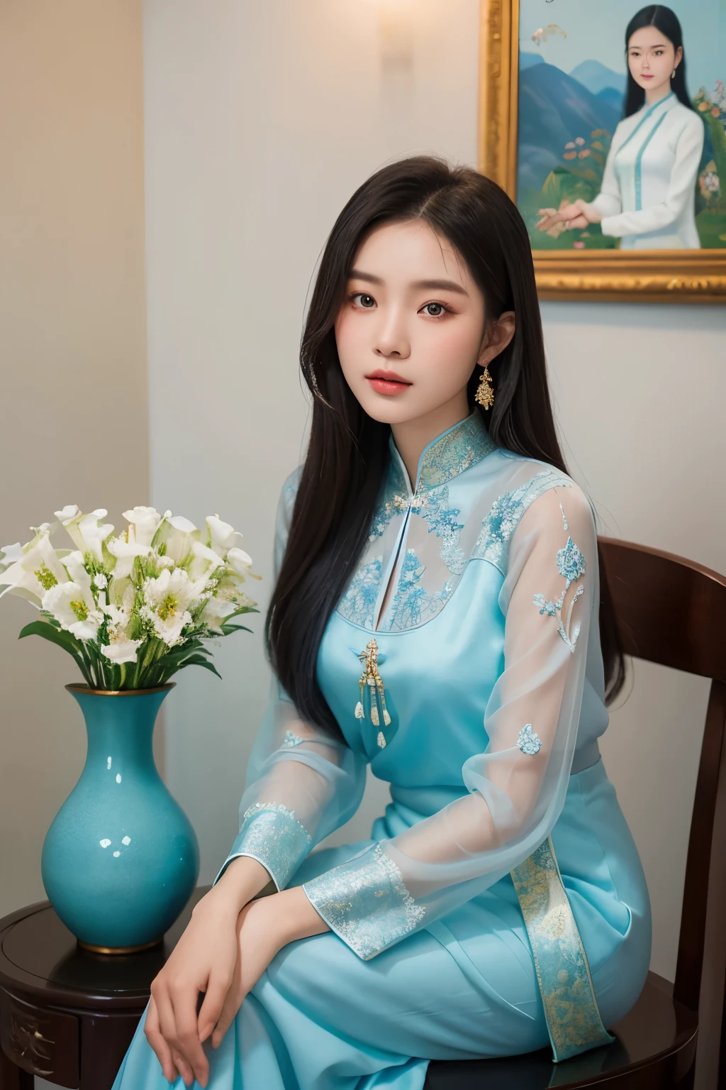 A captivating portrait of a young Vietnamese woman, elegantly adorned in a pristine white ao dai, lounges by a vintage vase filled with fragrant lilies. The painting evokes the timeless beauty and culture of traditional Vietnam, perfectly emulating the style of renowned artist To Ngoc Van's masterpiece, "Young Women with Lilies." The color palette is exquisitely balanced, featuring a harmonious blend of light sky-blue and deep indigo tones. The details of her ao dai are meticulously captured, showcasing intricate embroidery and lace work, exemplifying the high-end fashion aesthetic. The portrait is shot