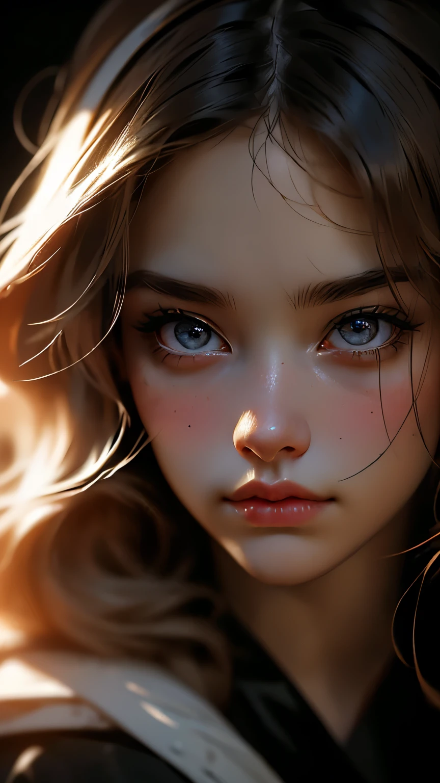 (obra maestra), (parte superior del cuerpo), (nipple erect), retrato, 18-year-old red-haired girl, sexy, Mirando al espectador, cabello largo trenzas, ojos grandes azules, small mouth, labios grandes detallados, 14 Years Old Girl, sad emotional expression, Peinado de capas frontales, girl face, desnuda, Enfoque facial,, perfect composition, fondo oscuro abstracto, Hiperrealista, Kinematic, Super detailed, 8k, alta calidad, Arte de tendencias, tendencias en Artstation, foco nítido, Foto de estudio, Detalles intrincados, Altamente detallado, por el senor de los Anillos
