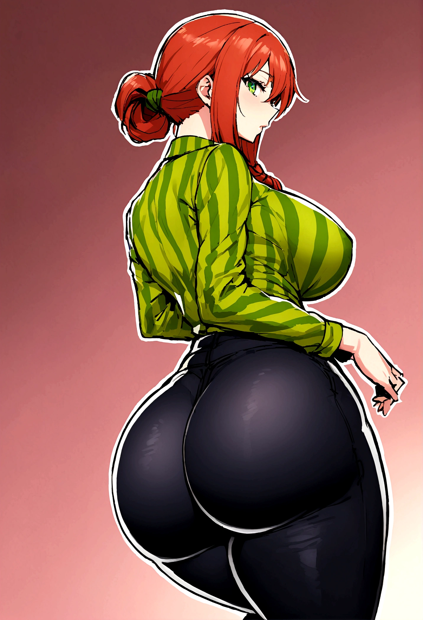 Create a redheaded woman with her hair tied up she has green eyes, a green shirt with dark stripes, tight jeans on her big ass, she also has big breasts, and she has a suggestive look
