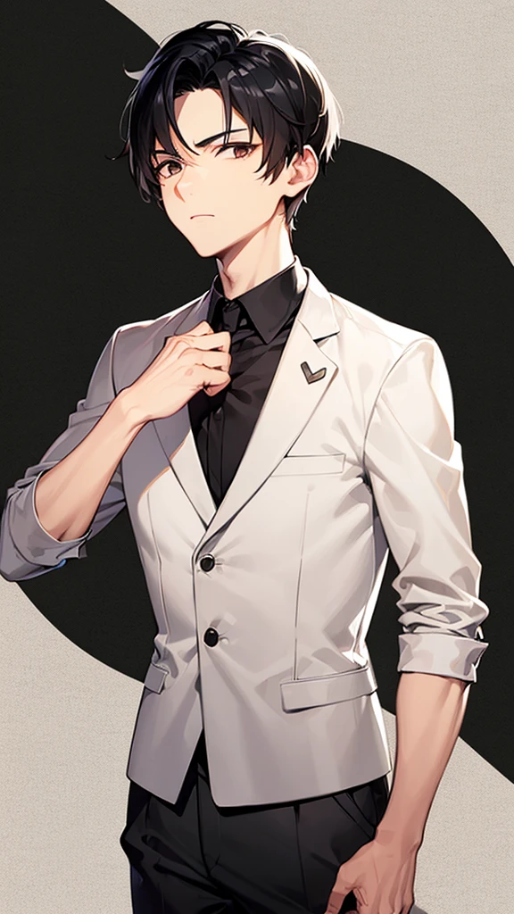 Man, elegant, short black hair, brown eyes , silky hair , 20 years, Rough man, very short Hair, Man,