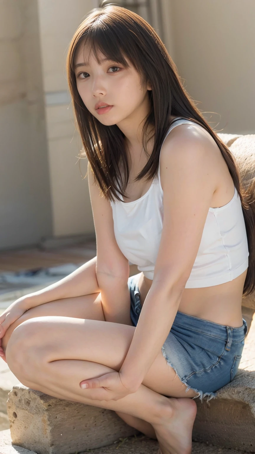 Open shirt, (((Leaning forward))), ((,Round face, Around ,mini skirt、A loose-fitting tank top)), Long Hair, , Natural Makeup, Lips become thicker, Sexy Gaze, barefoot, ((Raise one leg)), Shooting from below,Gentle expression ,((Extremely precise and accurate anatomy)), (masterpiece:1.43), Perfect proportions, Realistic photos, Full Shot, whole body,