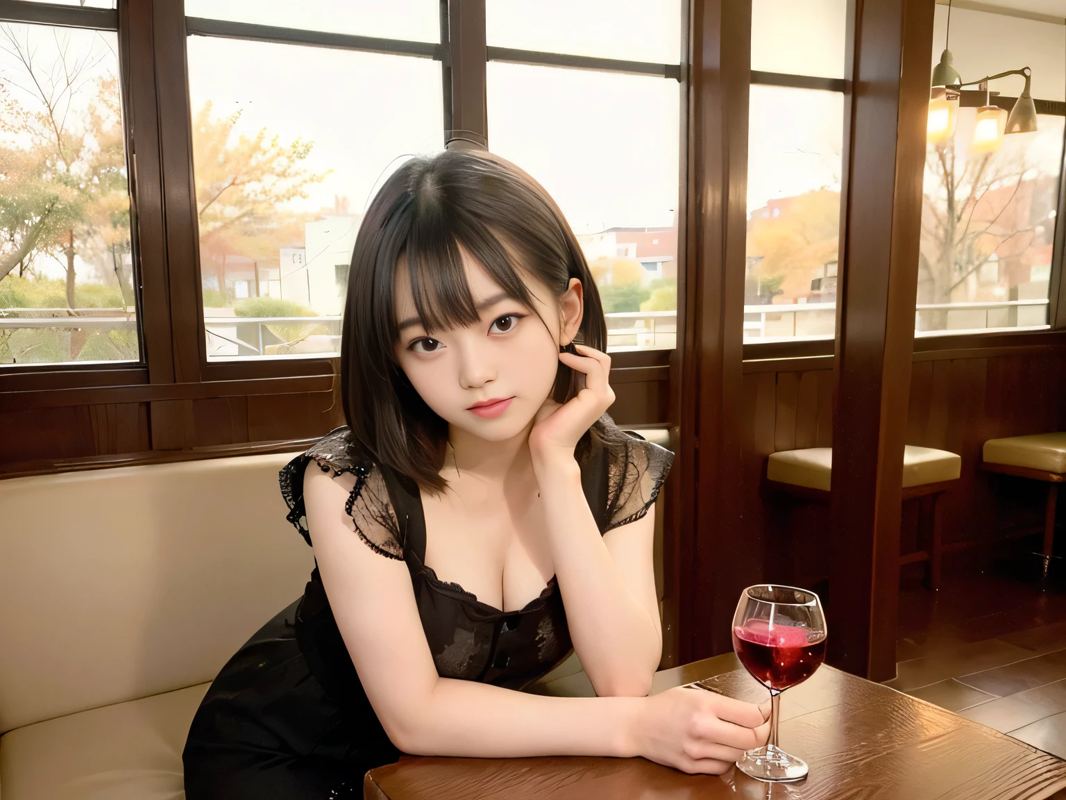 (Highest quality, masterpiece, Ultra-high resolution, 8K, RAW Photos, Realistic, Anatomically correct:1.5), 20-year-old girl:1.2, Embarrassing, avert your eyes, blush:1.0, View Viewer, ((bar)) 、Large windows、Night view、 Light:1.2, Bokeh, Cinema Lighting:1.0, Depth of written boundary, sharp、 Cute face、Idol、Wine colored short sleeve lace top、Black pleated skirt、Shiny wine-colored clothing、”dwarf”、(Floral clothes)、(Full Body Shot)、Side angle、Cowboy Shot、 smile、((Ultra short hair、Berry Short))、(Straight bangs)、((See-through))、(( One Girl))、Waist、I can see your thighs、Large Breasts、