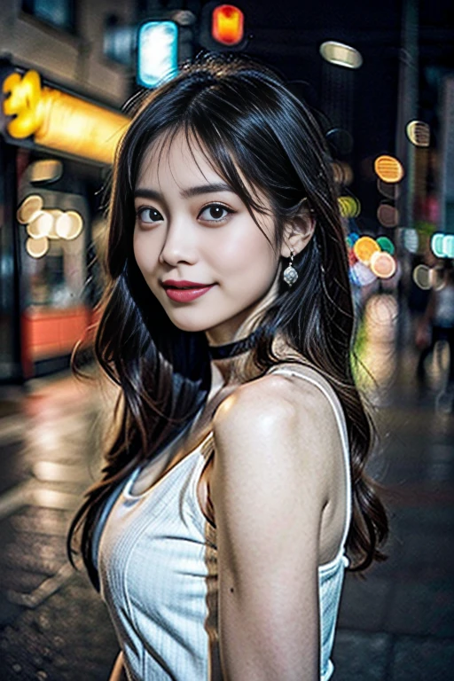 8K, masterpiece, RAW Photos, Highest quality, detailed:1.2),Realistic, Extremely detaileded CG unifies 8K, 8K, diamond, wallpaper, Written boundary depth, Cinematic Light, Lens flare, Ray Tracing, (Very beautiful face, Beautiful Lips, Beautiful Eyes), intricate detailed face, ((ultra detaileded skin)) One Girl, Deep Shadow, Cute Korean Girl, K-POPアイドル,(Very slim and slender muscular body:1.3), ((Viewer Display)),(Big smile), (Bodycon mini dress), (White Dress), (Injection Sleeve) , Background city night, (Neon Signs), Cute Korean Girl, Earrings, Bangles, necklace, pantyhose, Clear Eyes, walk , (Pale skin), look forward to, (Big eyes), ((Upper Body Shot)), Bodycon mini dress, Silk mini dress , Synthwave Color Dress, Black Choker, Turn back, Side Shot, slim, Healthy Thighs, Thigh Gap