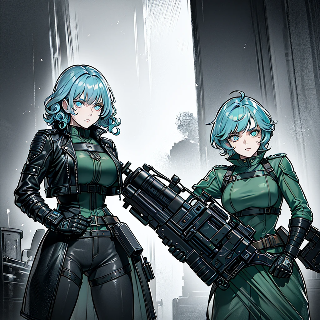 a age girl with tanned skin, short curly light blue hair, dark green eyes, a scar on her eye, wearing a leather jacket, intricate details, photorealistic, 8k, best quality, masterpiece, highly detailed, dynamic pose, dramatic lighting , cinematic atmosphere, moody color palette, anime textures