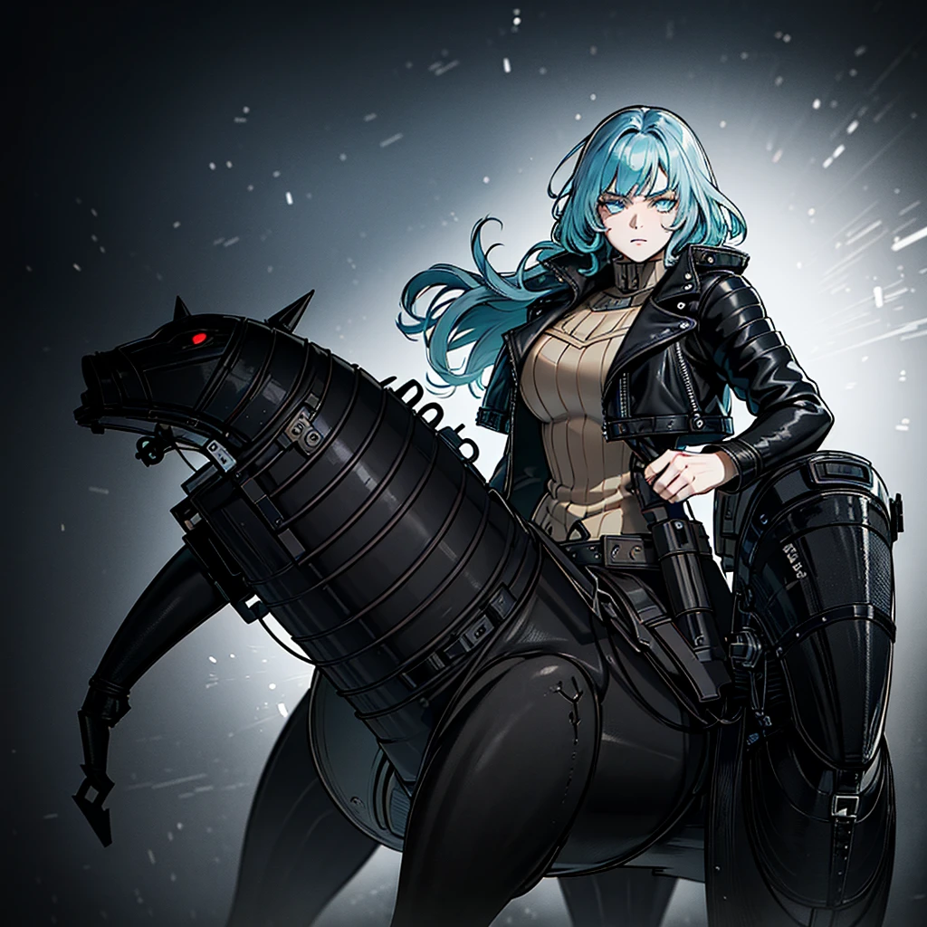 a teenage girl with tanned skin, short curly light blue hair, dark green eyes, a scar on her eye, wearing a leather jacket, intricate details, photorealistic, 8k, best quality, masterpiece, highly detailed, dynamic pose, dramatic lighting , cinematic atmosphere, moody color palette, anime textures