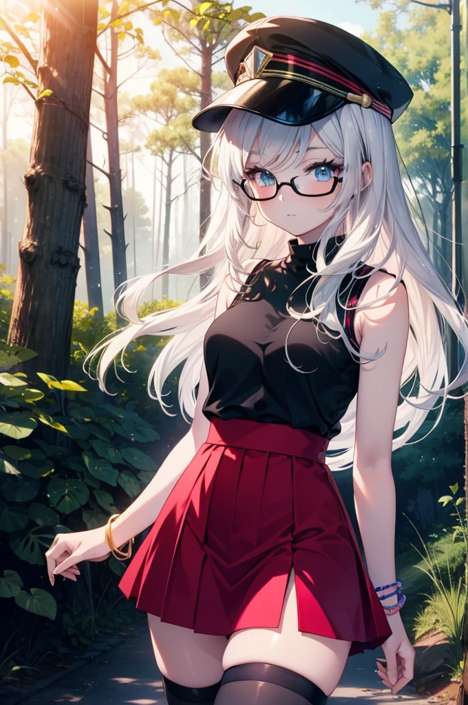 anime coloring, realistic, PokeStyle, outdoors, forest, dirt road, thighs, aaserena, long hair, eyewear on headwear, pink headwear, eyelashes, blue eyes, sleeveless shirt, black shirt, bracelet, high-waist skirt, red skirt, black thighhighs