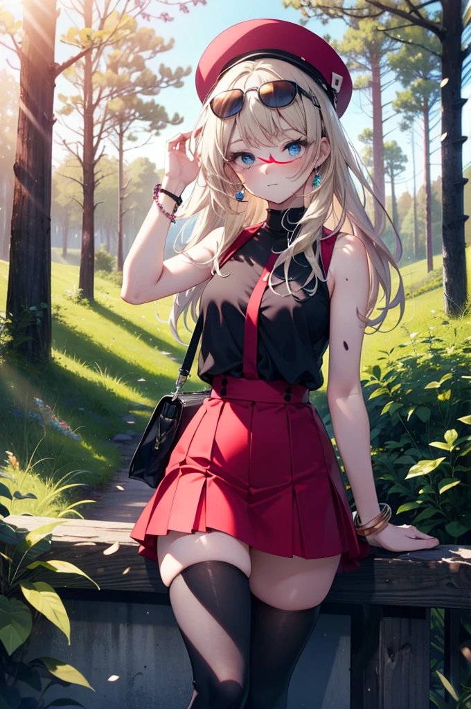 anime coloring, realistic, PokeStyle, outdoors, forest, dirt road, thighs, aaserena, long hair, eyewear on headwear, pink headwear, eyelashes, blue eyes, sleeveless shirt, black shirt, bracelet, high-waist skirt, red skirt, black thighhighs