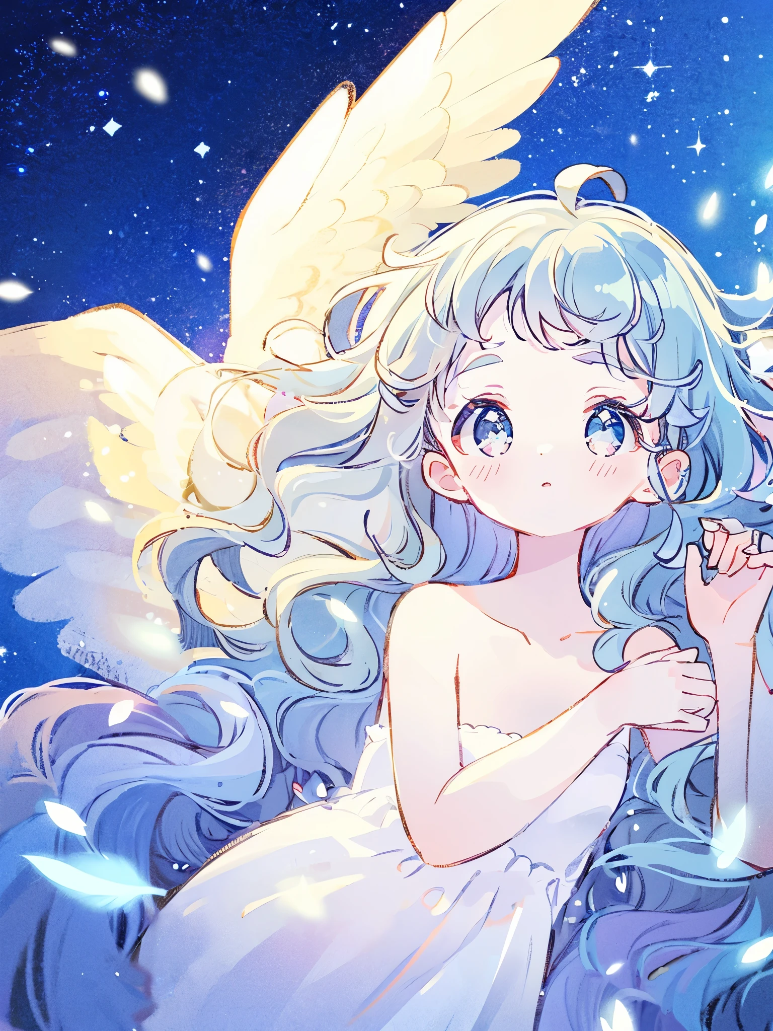 nude angel girl wearing an ethereal translucent dress, pale skin, ((blue mint wavy hair)), white feathers, angel wings, sparkling detailed eyes, golden ratio face, perfect composition, highly detailed, ethereal, (starry night sky background), midjourney style