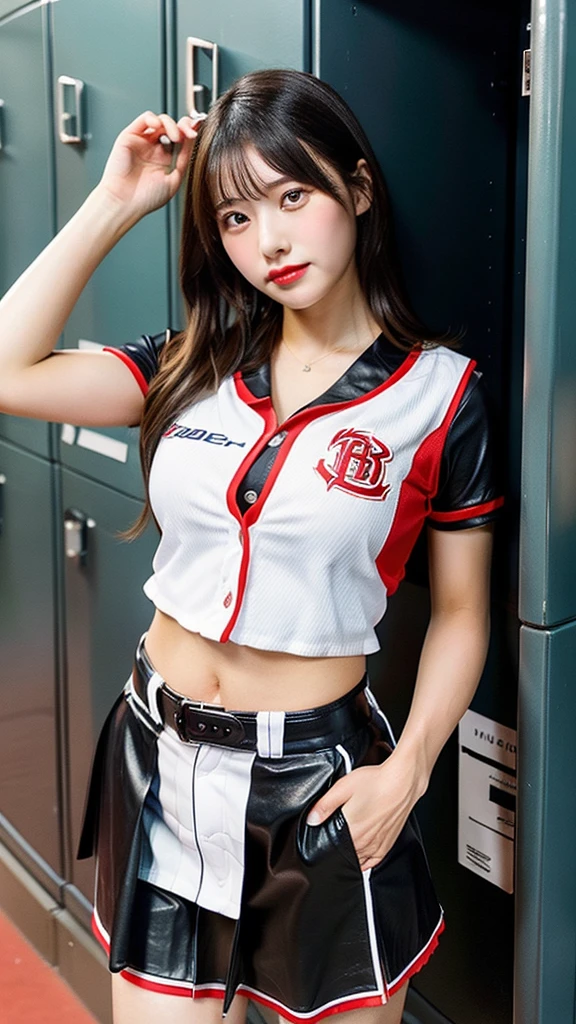 (masterpiece, ultra-detailed, ultra-realistic, best quality, clear focus, photorealistic), solo, 1 woman, (ultra-high resolution, 8k, 16k:1.3), (full body:1.3), (very wide shot), (perfect anatomy:1.3), perfect face, (detailed face, detailed eye), (18 years old Japanese idol but famous professional baseball player:1.3), she belongs to the famous team, (a colorful cute uniform is made of very thick leather:1.1), (extremely tight fitting:1.3), (just about to change into her team's worn-out baseball uniform at locker room:1.3), large breasts, slim waist, (very beautiful with very cute but cool boyish face), (Bad girl:1), cool girl atmosphere, light colored hair, (dynamic angle:1.3), (focus on some part of body including face:1.3), very slender but very muscular, very broad shoulders, painful expressions,