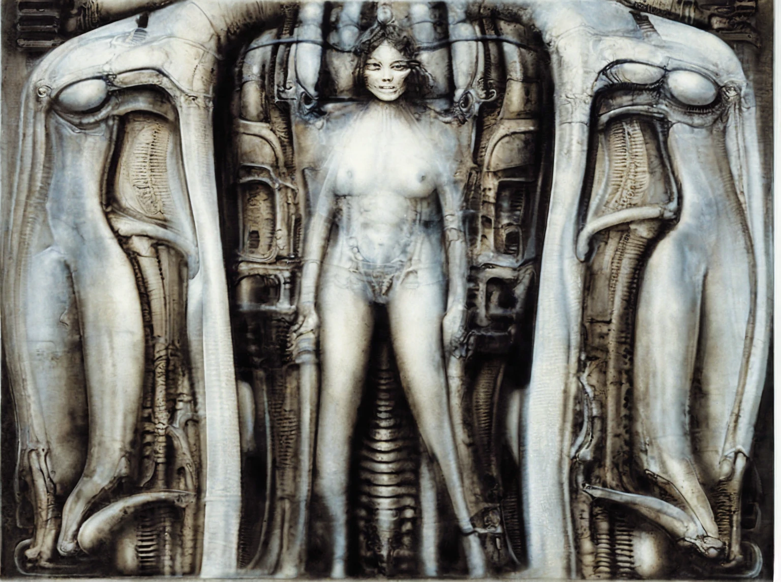 The image is a detailed view of H.R. Giger's biomechanical tableau \" Landscape XVI \" plate, featuring.
H r (Hans Rudie) giger's artwork depicts a robot with a humanoid shape, featuring a torso and two arms, standing against a backdrop of pipes and wires., tableau, big painting, masterpiece,HDR,UHD,uplight ,HRGigerArhP style,H.G. Giger Style, Biomechanics,lineart, 
surrealistic painting of a monster with multiple tentacles and a body that looks like a brain, surrounded by a chaotic scene of swirling clouds and other monsters
 It's a complex network of bones and organs in eldritch color scheme:a greenish-brown hue ,swirling gery and brown colors. The artwork is silverish and green brown, with an ivory bones prominently displayed. The image is highly detailed and intricate, almost like a 3d version of a medical sketchwork.   
The piece is a tableau, most likely created with a India ink pen or pencil on paper, determined by the thin lines, shading techniques, and the texture of the paper, which is visible around the edges.
Used is pen, given the shading and variations in line weight visible in the image. Artist have used a variety of stylus with different degrees of hardness to achieve the shading effects.
 The use of undersaturated green-grays dark contrasts creates a stark and graphic look. Is used a variety of linework techniques to create different textures. Fine, parallel lines create a smooth, metallic texture,while thicker, more cursive lines suggest cables or wires.
Light source from the top highlights skeletals, pper part of foreground, lower part of image is in shadowupper part of foreground, lower part of image is in shadow.
The art performance showcases the artist’s skills in observation and rendering. The level of detail in the piece suggests a close study of real bone specimens and mechanics. The artist has skillfully used shading techniques to create a convincing illusion of three-dimensionality on a flat surface. The wrinkles 