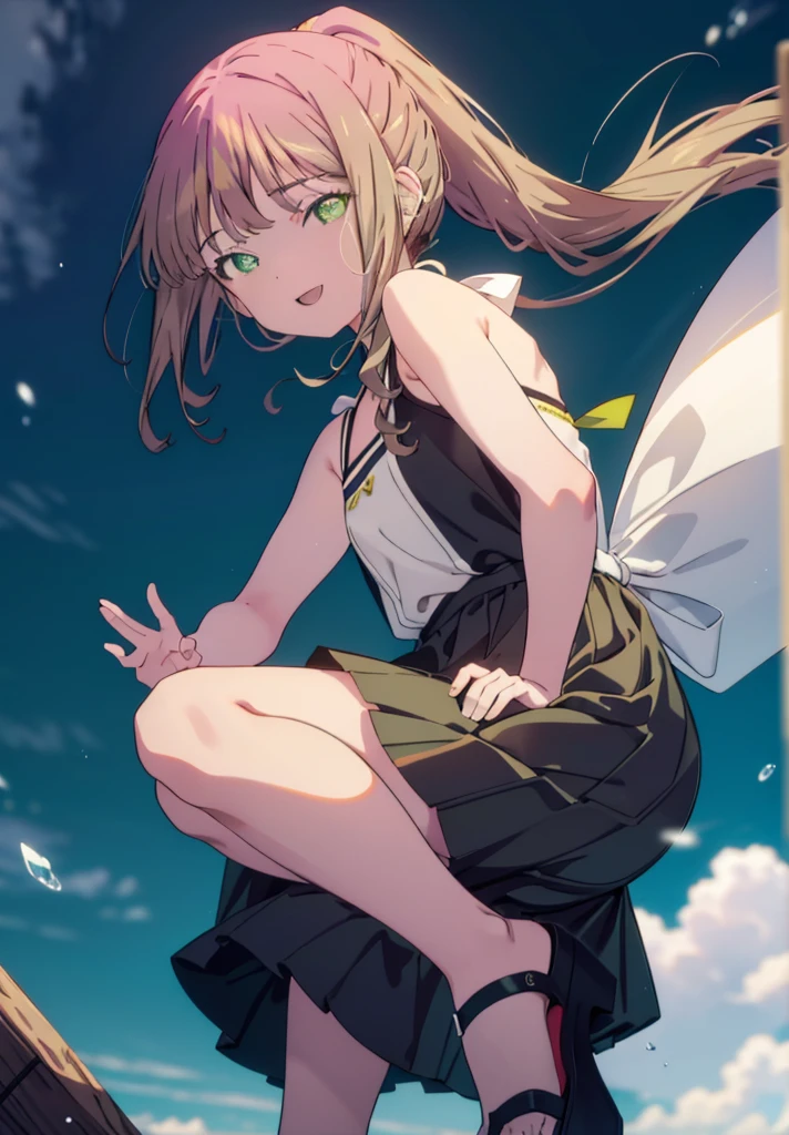 minami yume ,sss Dynazenon ,Long Hair, Brown Hair, (Green Eyes:1.5) ,Center of chest,hair band,ponytail,happy smile, smile, Open your mouth, Blue sleeveless dress,Long skirt,Cute heeled sandals,whole bodyがイラストに入るように,Daytime,Clear skies,Walking,
break looking at viewer, whole body,(Cowboy Shot:1. 5)
break outdoors, Building district,
break (masterpiece:1.2), Highest quality, High resolution, unity 8k wallpaper, (shape:0.8), (Beautiful and beautiful eyes:1.6), Highly detailed face, Perfect lighting, Highly detailed CG, (Perfect hands, Perfect Anatomy),