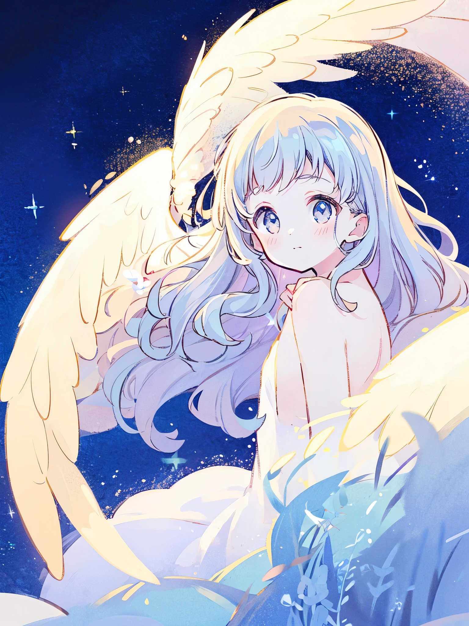 nude angel girl wearing an ethereal translucent dress, pale skin, ((blue mint wavy hair)), white feathers, angel wings, sparkling detailed eyes, golden ratio face, perfect composition, highly detailed, ethereal, (starry night sky background), midjourney style