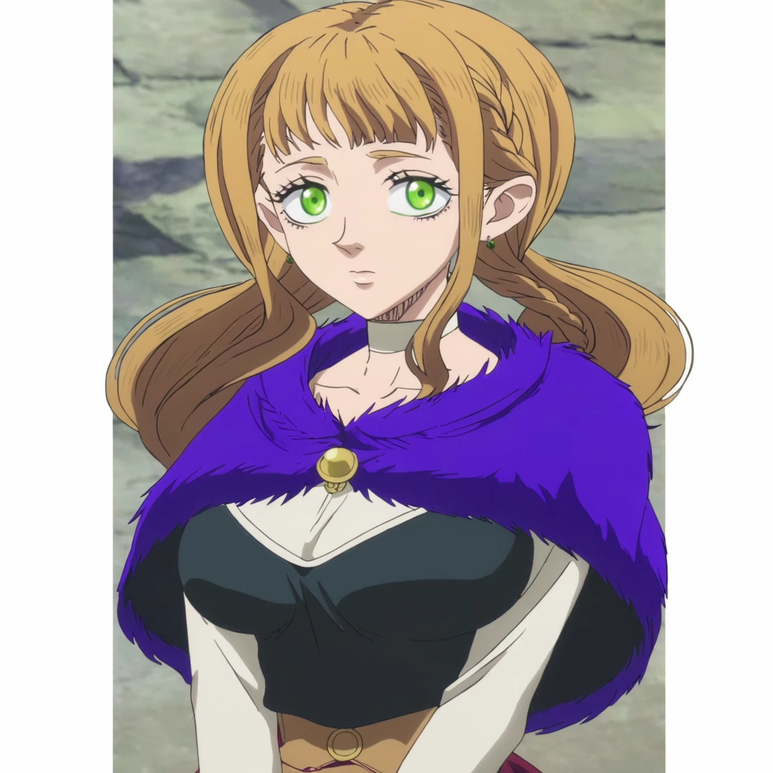 Girl with black hair and green eyes shes european and she has a long braid