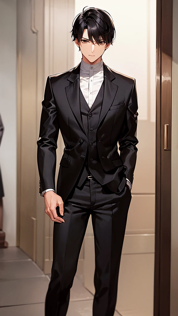 Man, elegant, short black hair, brown eyes , silky hair , 20 years, Rough man, very short Hair, Man, 