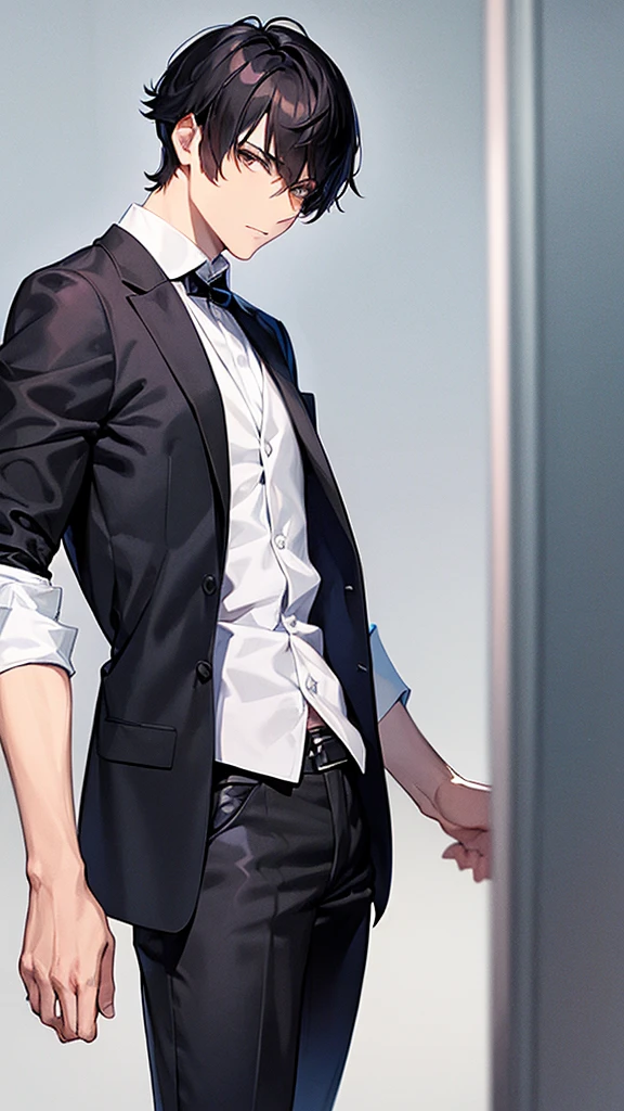 Man, elegant, short black hair, brown eyes , silky hair , 20 years, Rough man, very short Hair, Man,