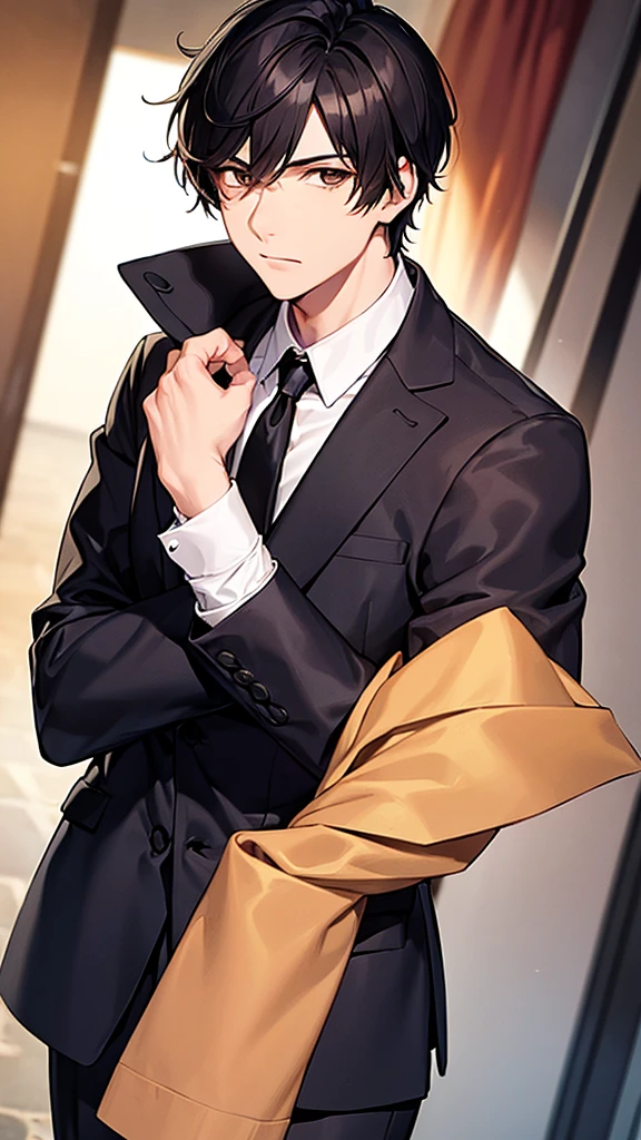 Man, elegant, short black hair, brown eyes , silky hair , 20 years, Rough man, very short Hair, Man,