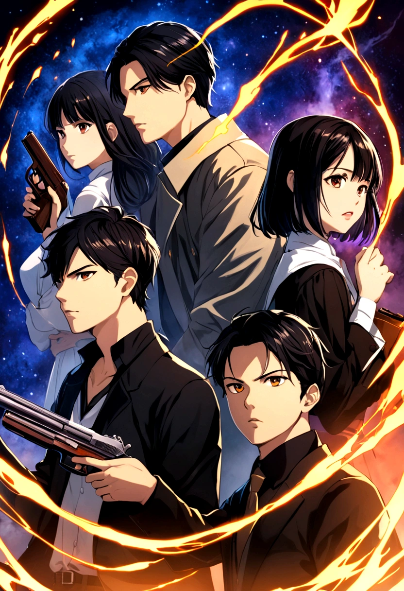 Group of two boys and two girls and on one side a black-haired boy with a gun in his hand